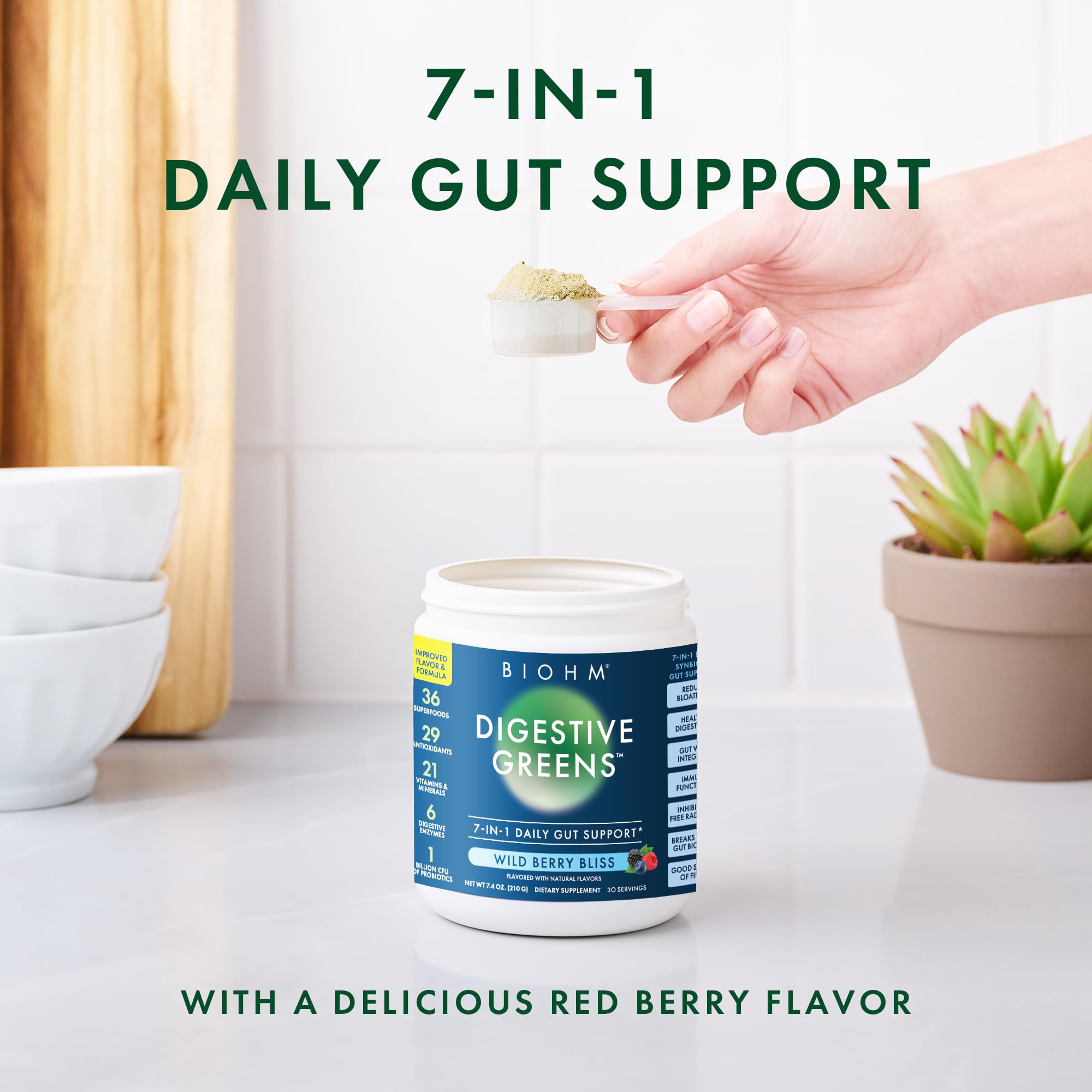 BIOHM Digestive Greens, Green Superfood Powder (7.4 Oz, 30 Servings) Immune & Gut Health Support with Antioxidants, Vitamins, Probiotics & Enzymes, Good Source of Fiber, Berry Flavor — Amazon image 3