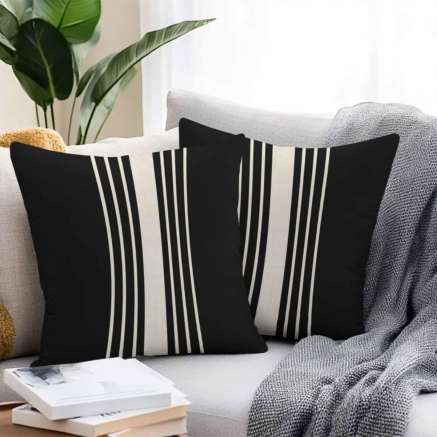 Throw Pillow Covers 20x20 Inch Set of 2, Black Beige Striped Waterproof Outdoor Cushion Covers, Modern Farmhouse Retro Lines Decorative Pillowcases for Couch, Sofa, Bed, Garden, Patio