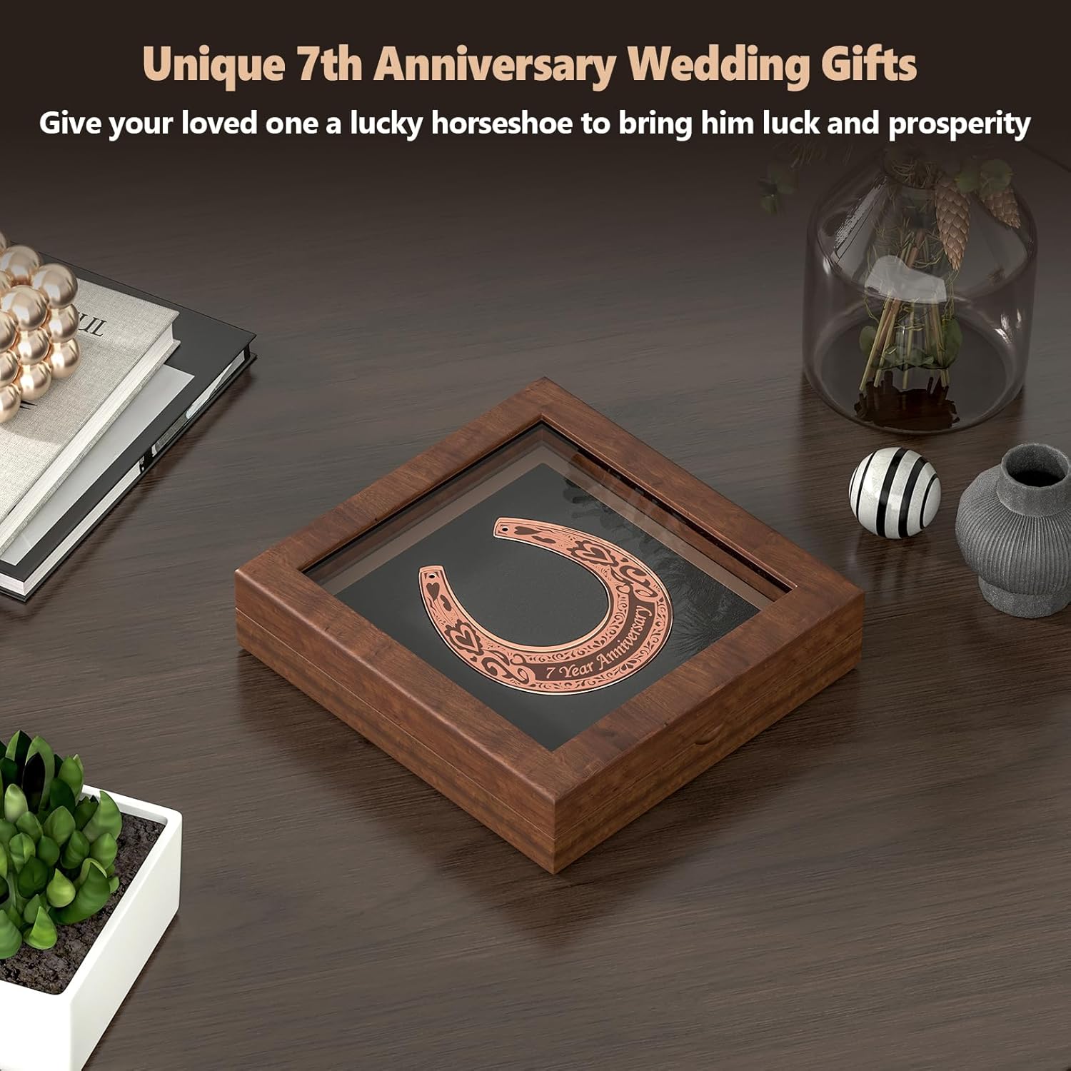 Copper Horseshoe 7 Year Anniversary Copper Gifts for Him,7 Year Anniversary Wedding Gift for Couple,7th Wedding for Him,Marriage Horseshoe with Wood Box