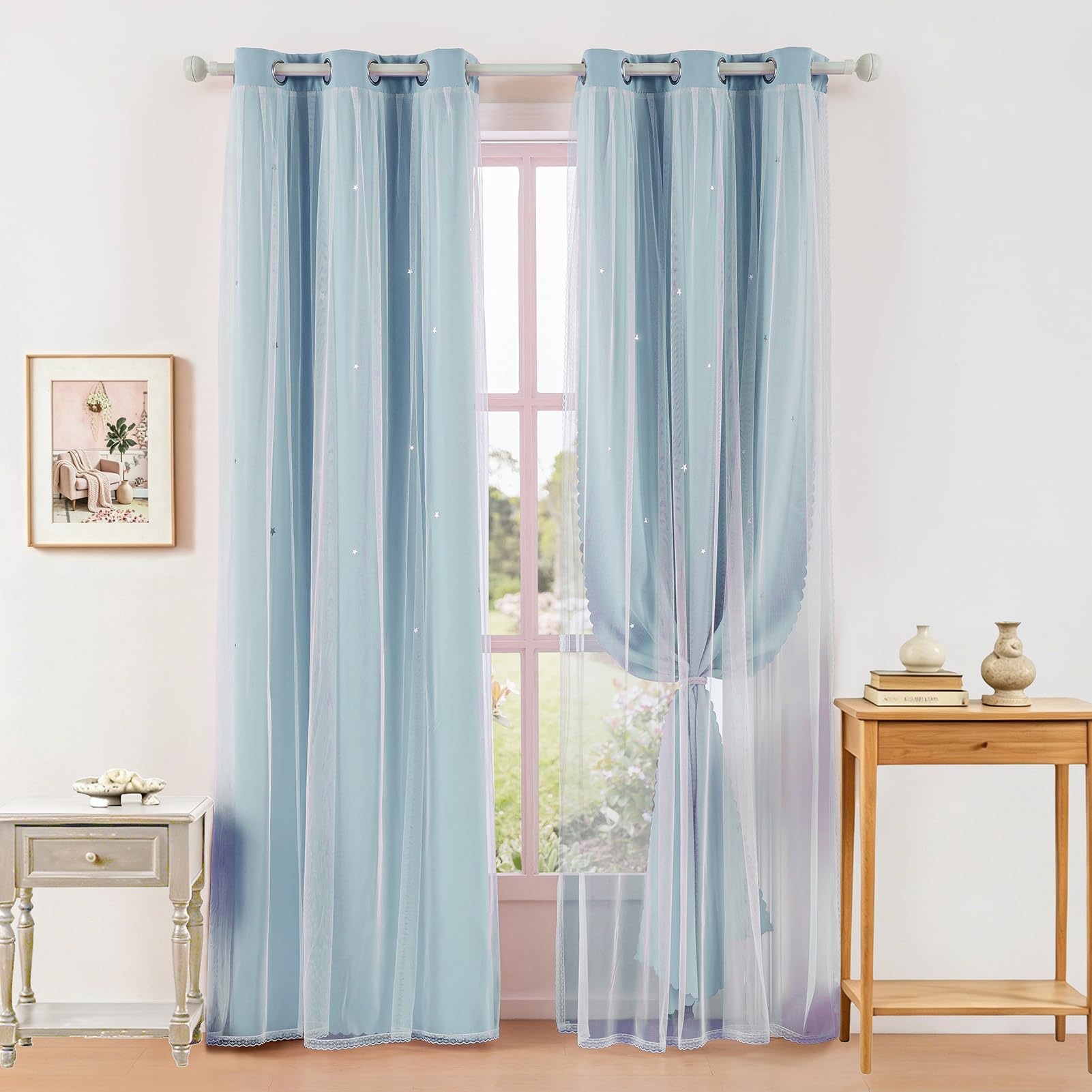 indistar Colourful Stripe Star Cut-Out Blackout Curtains for Bedroom,2 Layers Mix Design of Fabric &amp; Tulle,Pretty Window Curtain for Kids Room 1 Panel (W35 x L80 Sky Blue)