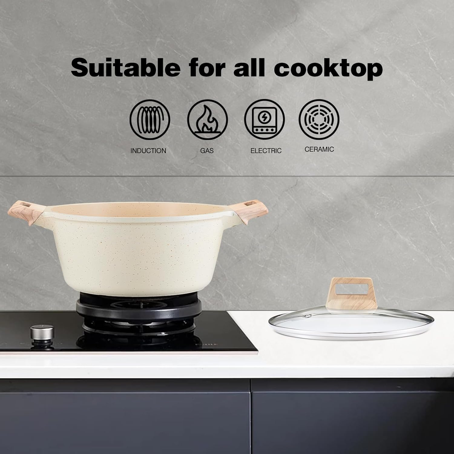 TIPTAP 4L/4.23Qt Nonstick Stockpot, Granite Cookwear Soup Pot with Lid, Casserole Nonstick Stock Pot, Induction Bottom for Soup, Broth, Chili, Stew and More, All Stove Compatible(White)