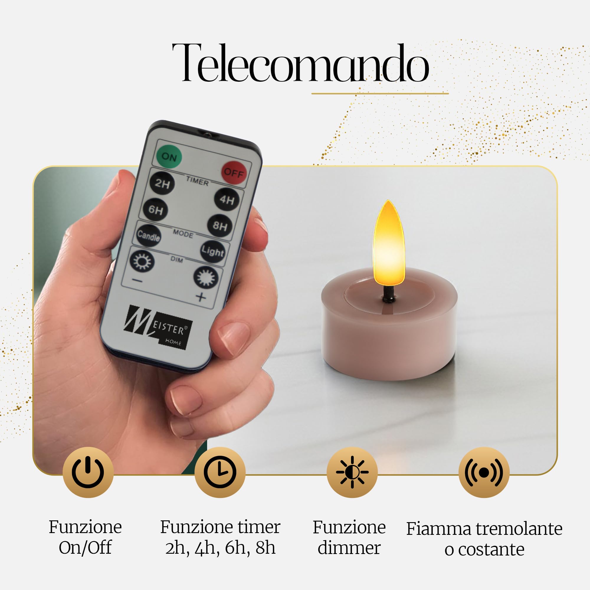Meisterhome Set di 12 lumini a LED, senza fiamma, con luce tremolante, Ø 4,5 cm, altezza 2,5 cm, vera cera, con timer e telecomando, funzionamento a batteria, luce bianca calda