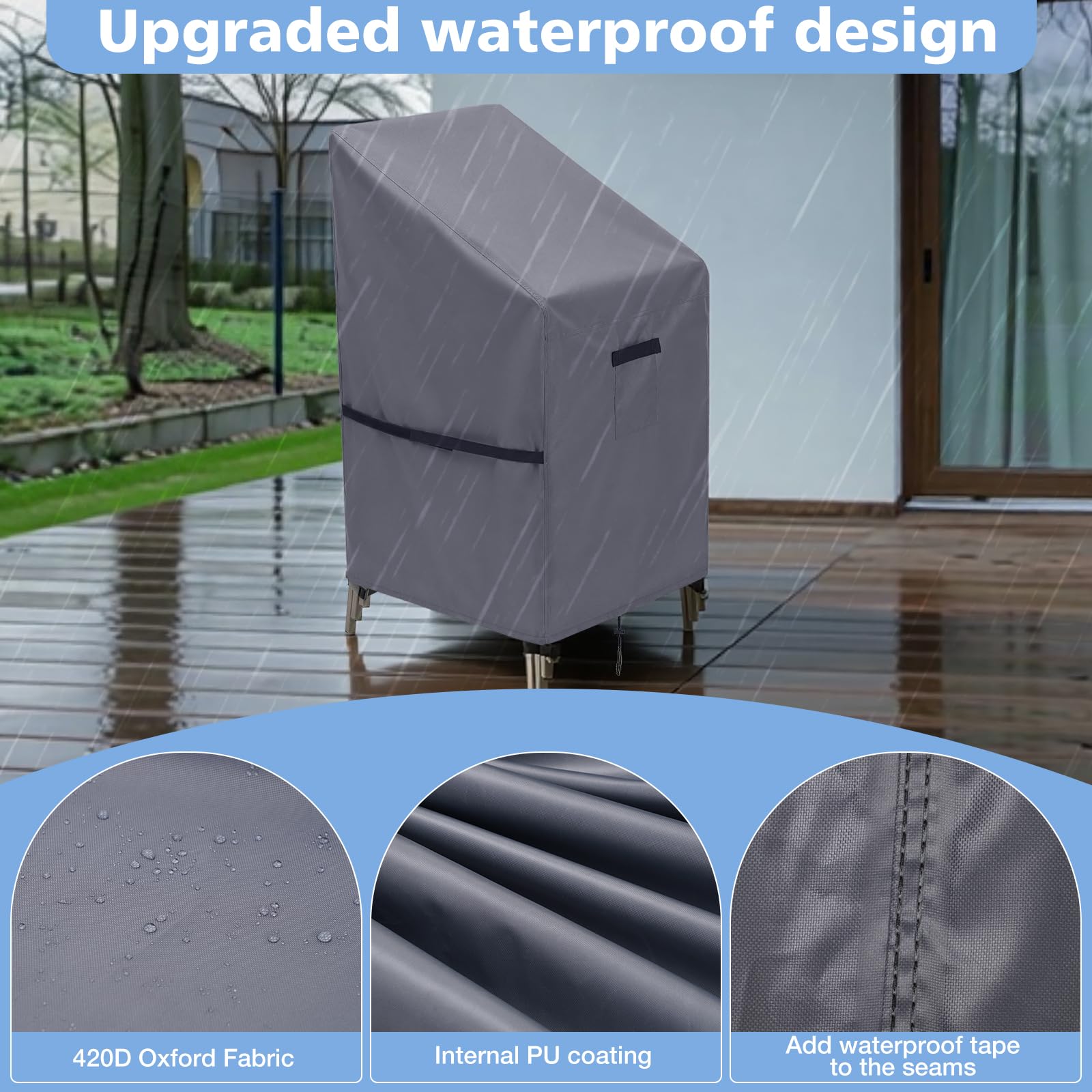 GARPROVM Funda para Sillas de Jardín 2 Pack, 70x70x80/120cm Cubierta para Sillas Apilables, Tela Oxford Impermeable de Funda con Ventilación para Sillas de Balcón y Terraza, Gris
