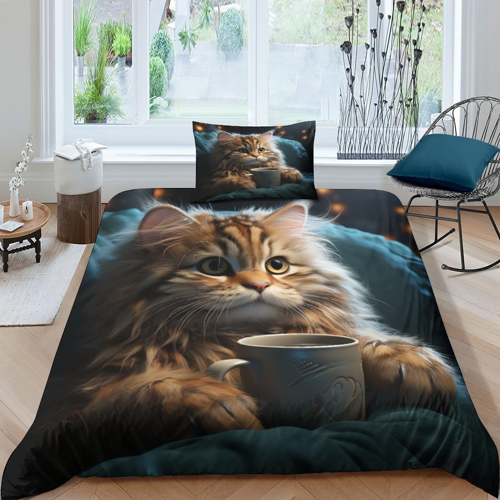 Housse de couette chat et café pour une ambiance de chambre cocooning