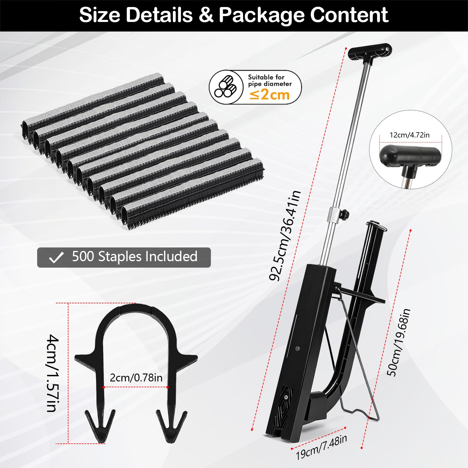 Grapadora profesional de 90 cm para calefacción por suelo radiante, con 500 agujas de grapadora de 40 mm, para tubos de calefacción de 14 a 20 mm de diámetro, apto para grapas de 40 a 50 mm