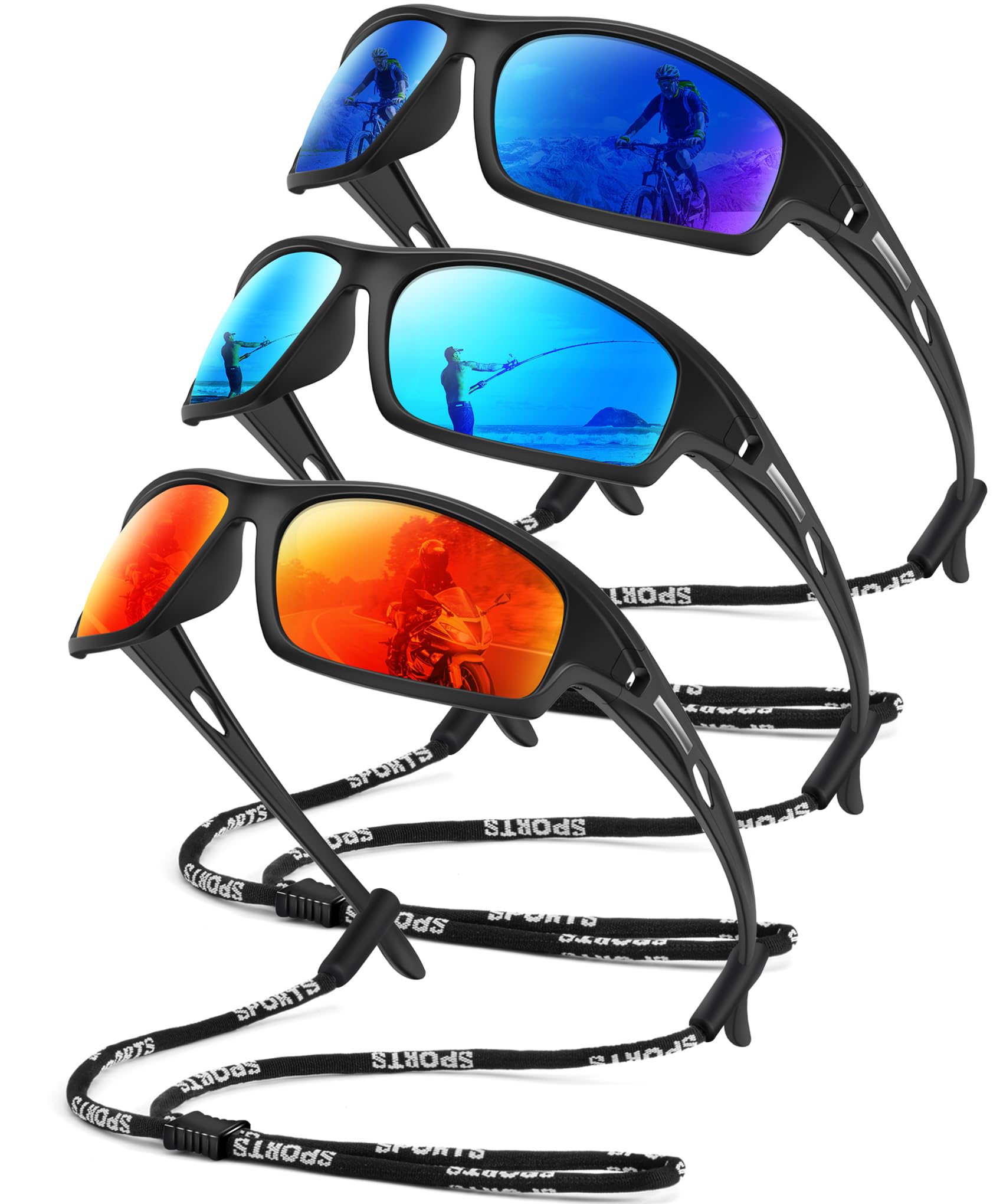 Occhiali da sole polarizzati per uomo, occhiali da sole sportivi per pesca, corsa, protezione UV con cinturino per occhiali da sole, A4-blu ghiaccio/blu scuro/rosso, Medium