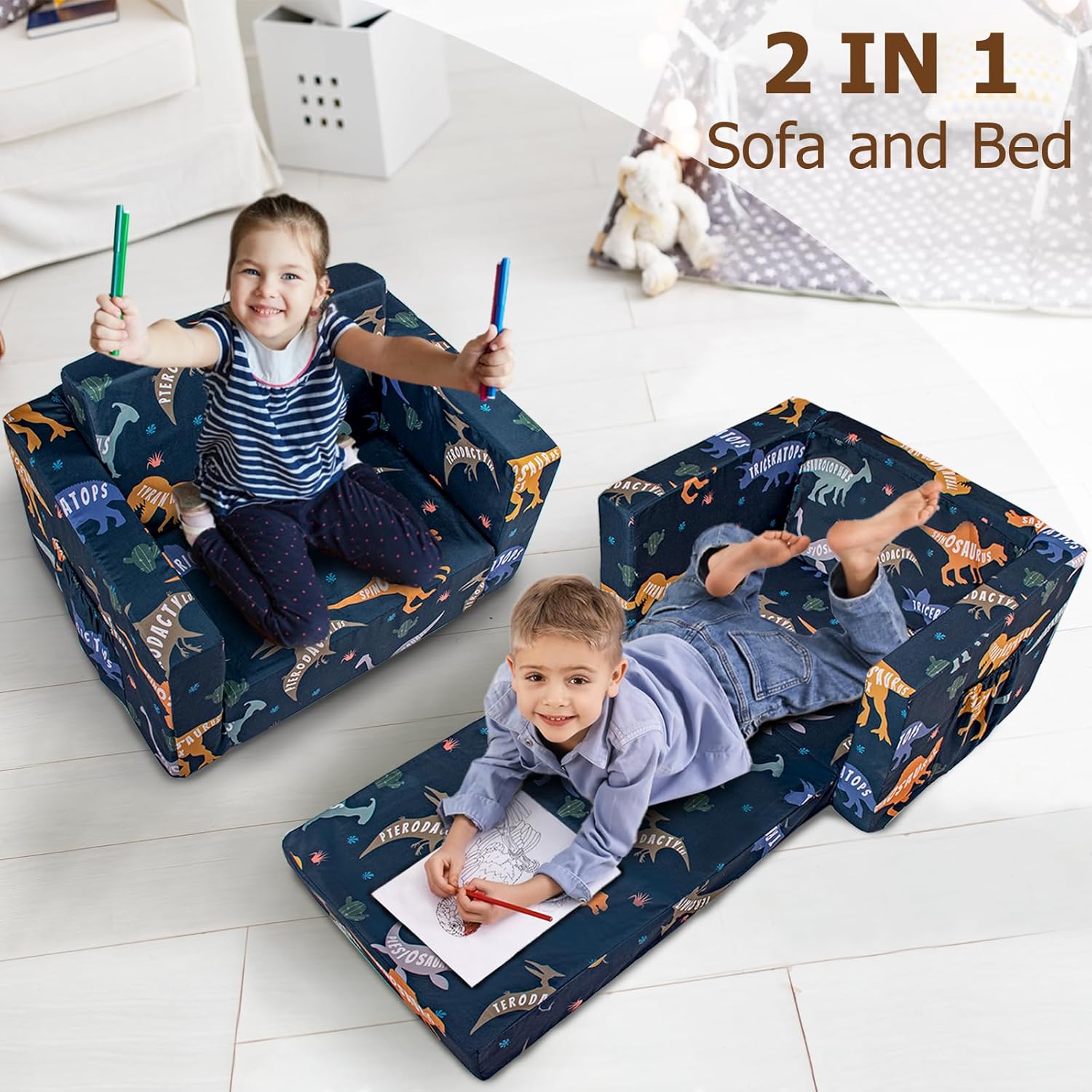 Kids Couch, 2-in-1 Kids Fold Out Couch, Convertible Kid Sofa to Lounger for Girls and Boys, Soft Toddler Chairs Comfy 1-3 Years Old (Dinosaur) - Image 4