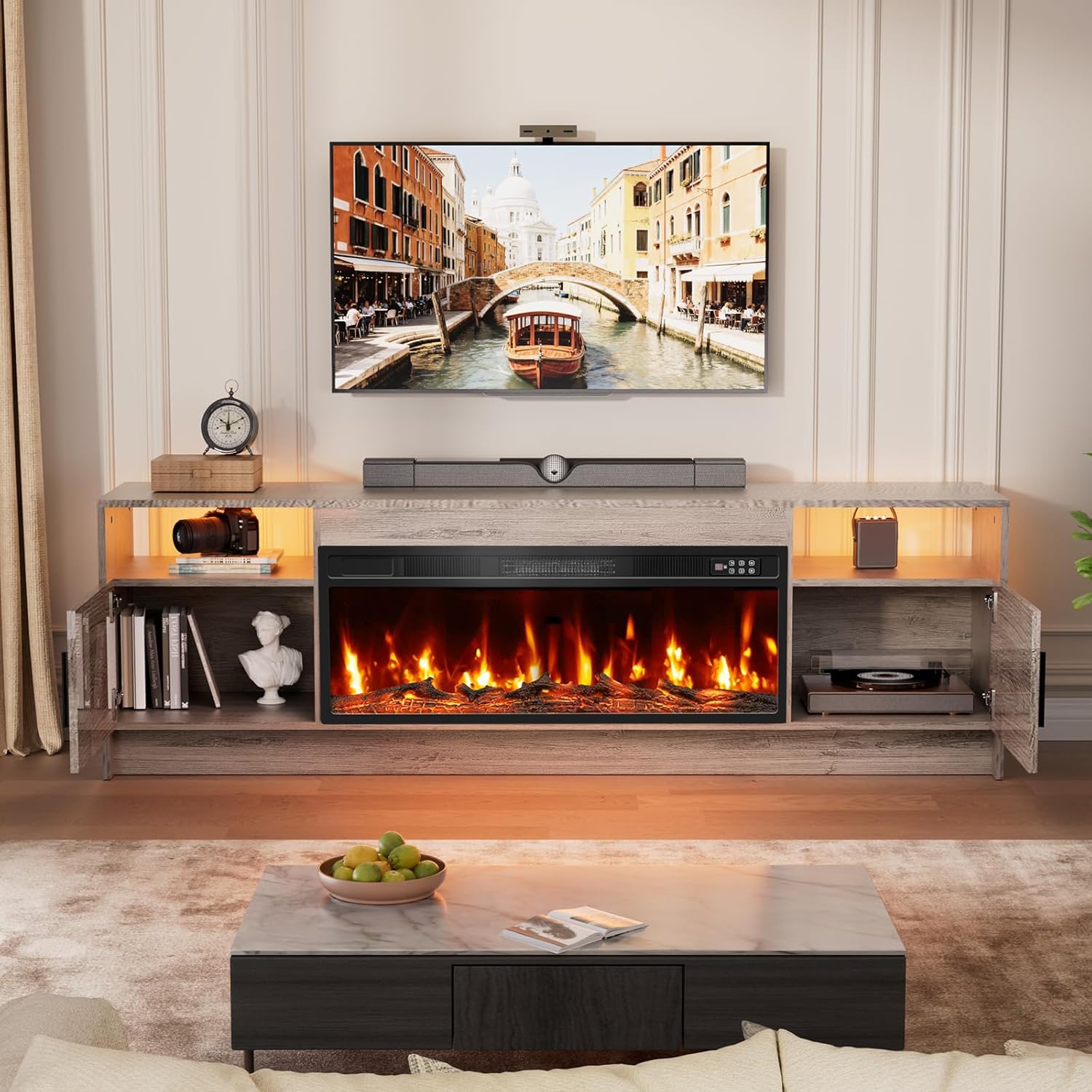EAG 70" Electric Fireplace TV Stand with 36 inch Fireplace Up to 80" TVs, Entertainment Center with with Storage Cabinet & LED Lights, Modern Media Console for Living Room, Gray