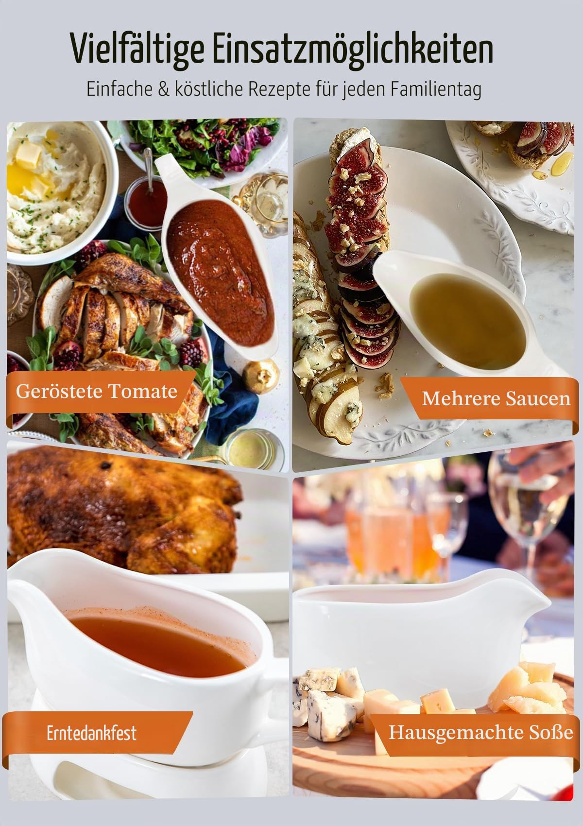 Nucookery Große Sauciere mit Stövchen, 530 ml, weiße Untertasse aus feinem Porzellan mit großem, tropffreiem Ausgießer, Saucenschüssel für Thanksgiving, warme Saucen, Salatdressings, mikrowellen- und