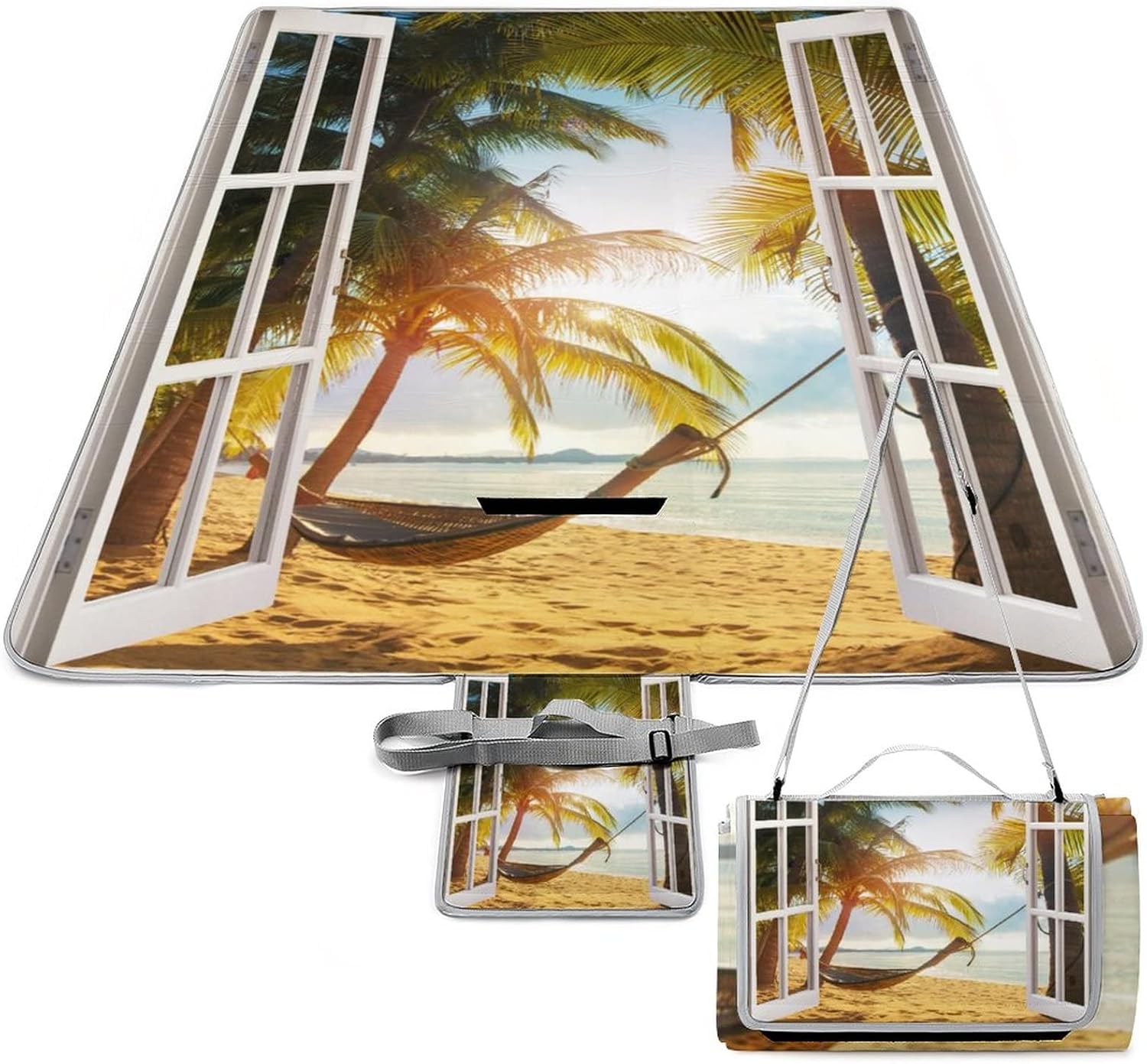Summer Ocean Sunshine PortableAnd Extra Large Picnic & Outdoor Blanket Tropical Beach Palm Trees Lazy Afternoon Open Window for The Beach Camping on Grass Waterproof Sandproof 58.3x58.3 Inch