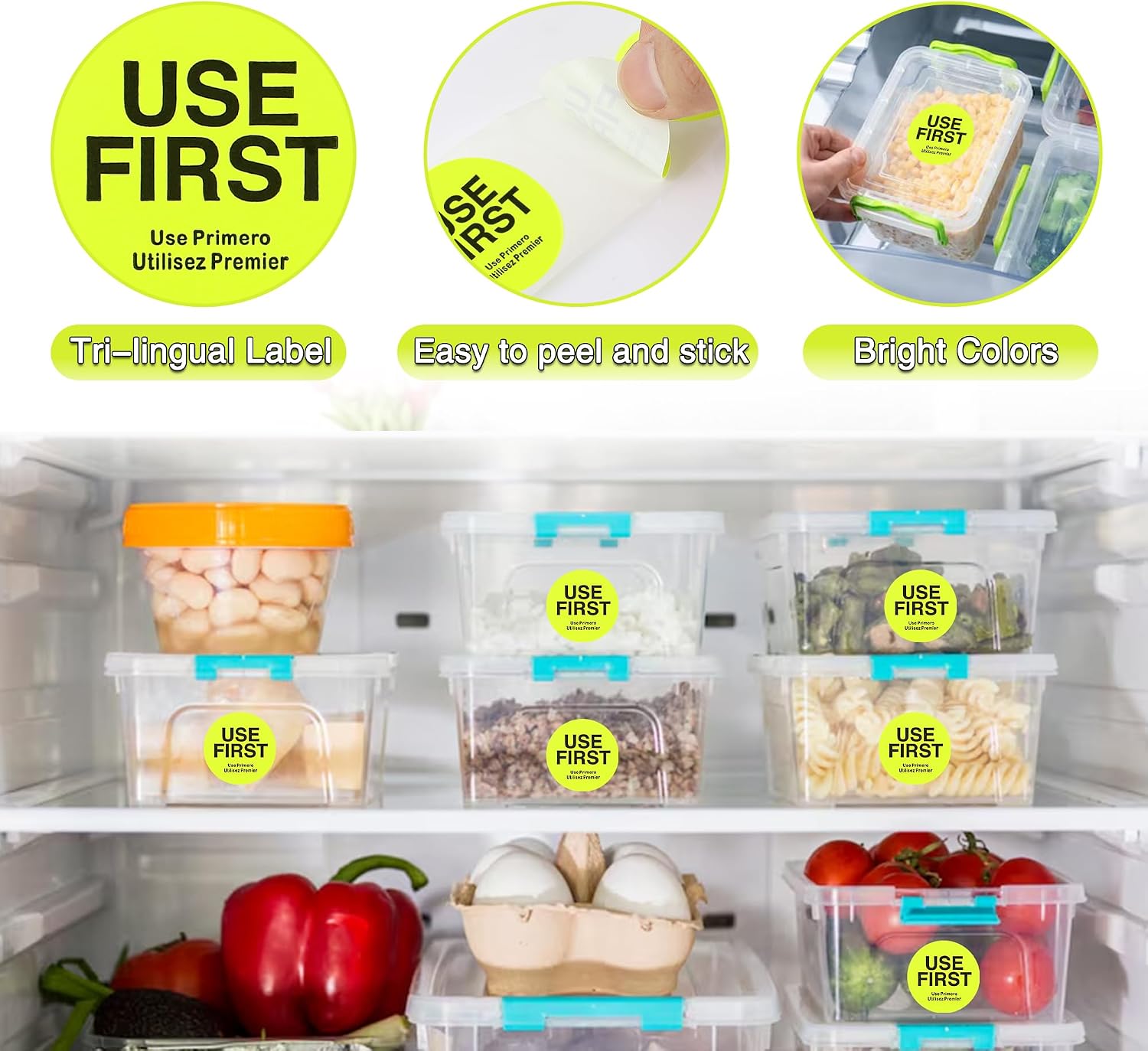 500 Pcs USE First Inventory Control Labels 1.5 Inch Adhesive Stickers for Kitchen Restaurant Containers Trilingual Stickers Food Service Labels Circle Stickers Labels (Fluorescence Yellow)