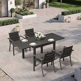 TRIUMPHKEY Gartenmöbel Set 4 Personen, Balkonmöbel mit Aluminium, 4 Stapelstühle und 1 80/160 cm Gartentisch Ausziehbar, Terassenmöbel Außen, Dunkelgrau