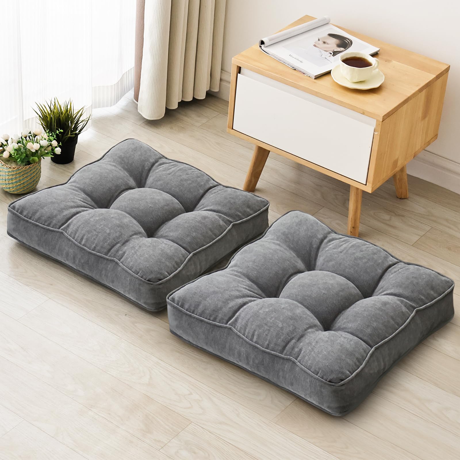 1 MIDDLE ONE Floor Pillow Set of 2, Memory Foam Floor Cushions for Adults, Large Square Meditation Pillow for Sitting, 22 x 22 Inches (Square | Grey)