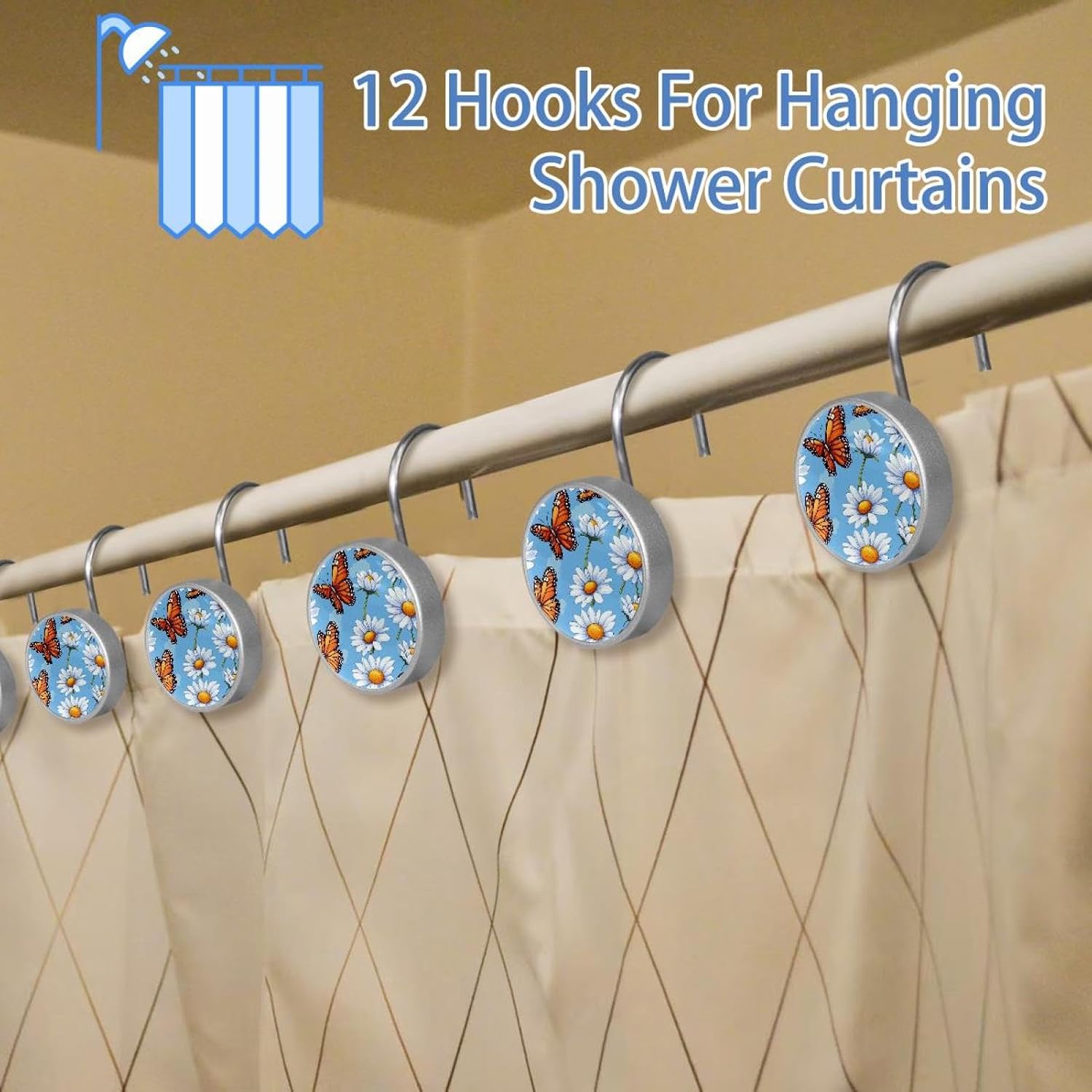 Set of 12 Shower Curtain Hooks, Shower Curtain Rings Crystal Glass Decorative Bathroom Hook, Daisy Flower and Butterfly