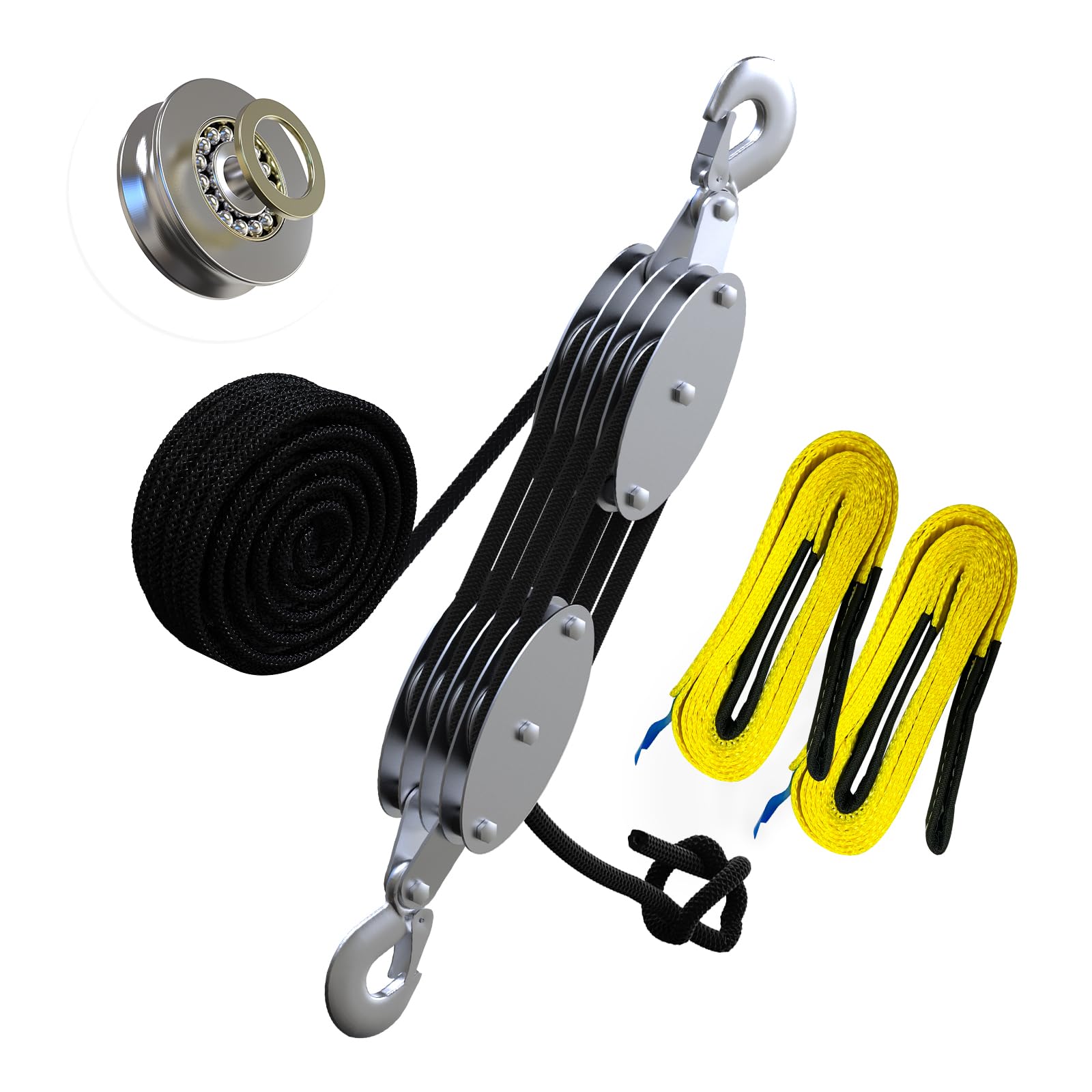 Rope Hoist Pulley System with Metal Bearing, 4400LB Pulley Block and Tackle, 8:1 Lifting Power 65ft, Heavy Duty Pulley Block for Hunting Lifting Garage Warehouses Building (with 2PCs Straps)
