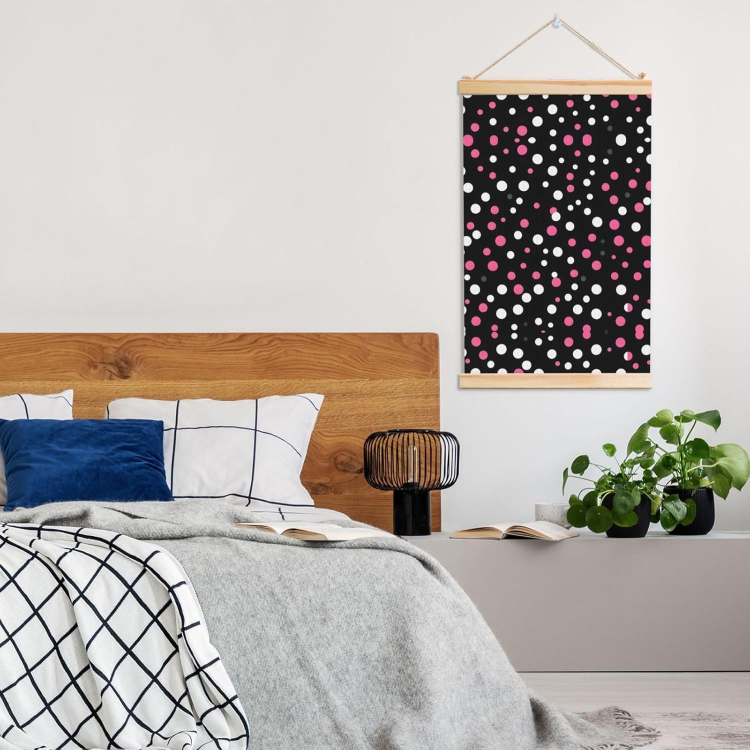 Black Polka Dots Print Poster Hanger,Hanging Poster, Poster Frame,Wood Poster Hanger, For Wall Hanging