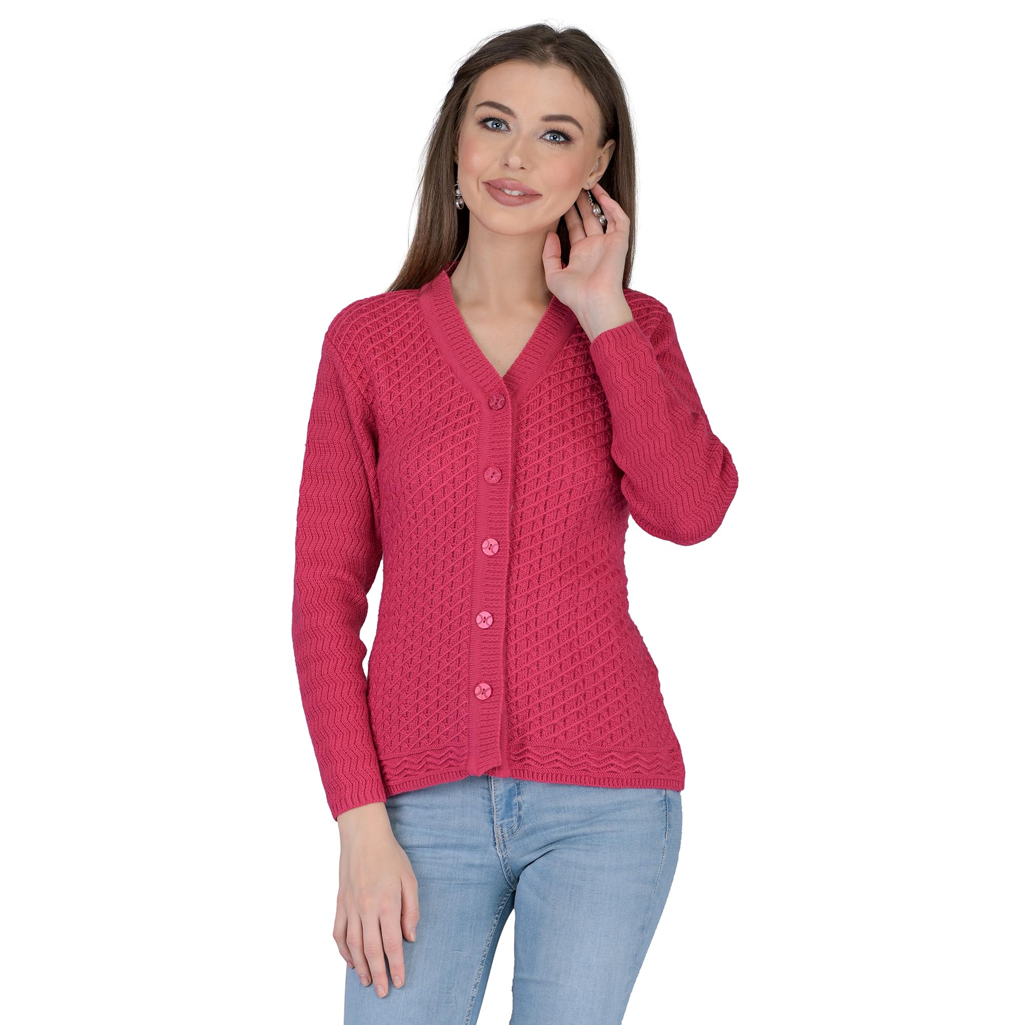 lady willington Women's Woolen V-Neck Self Design Cardigan - Heavy Daffodil Fabric Winter Wear Pure Wool Cardigan - Free Size Long Cotty Fully Warm (XXL, Magenta)-picture-10