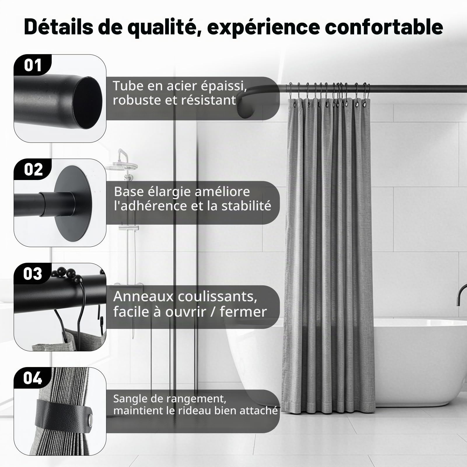 Tringle Douche en U Sans Perçage, Barre Extensible avec Kit Rideau Douche | Kit Complet avec Rideau Douche Imperméable, Anneaux et Colle Sans Clou pour Douche d'angle, Petites Salles de Bain, Vestiaire