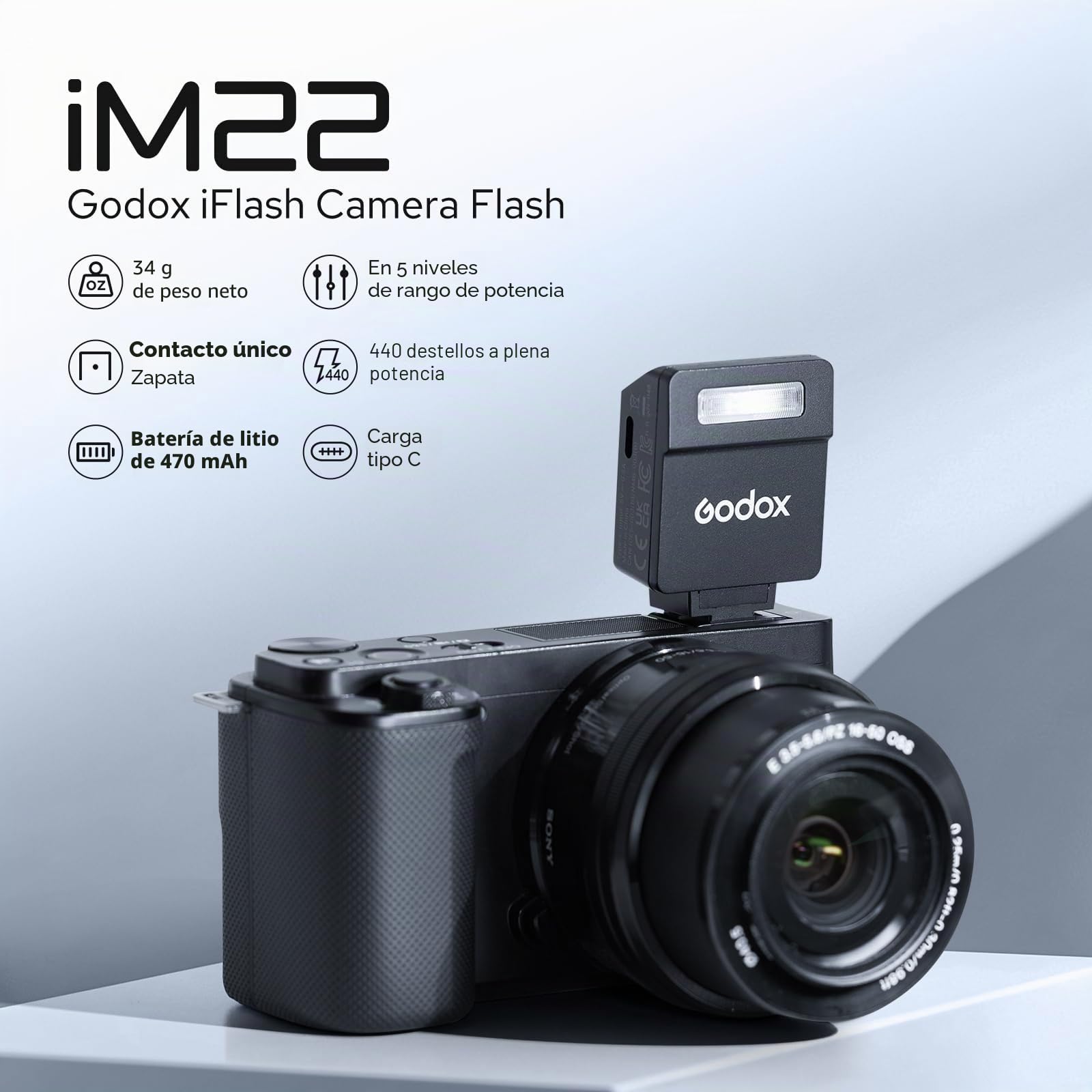 Godox iM22 - Cámara flash compacta, 5 niveles de potencia, 440 flashes de plena potencia, diseño de garra de contacto único, compatible con múltiples marcas