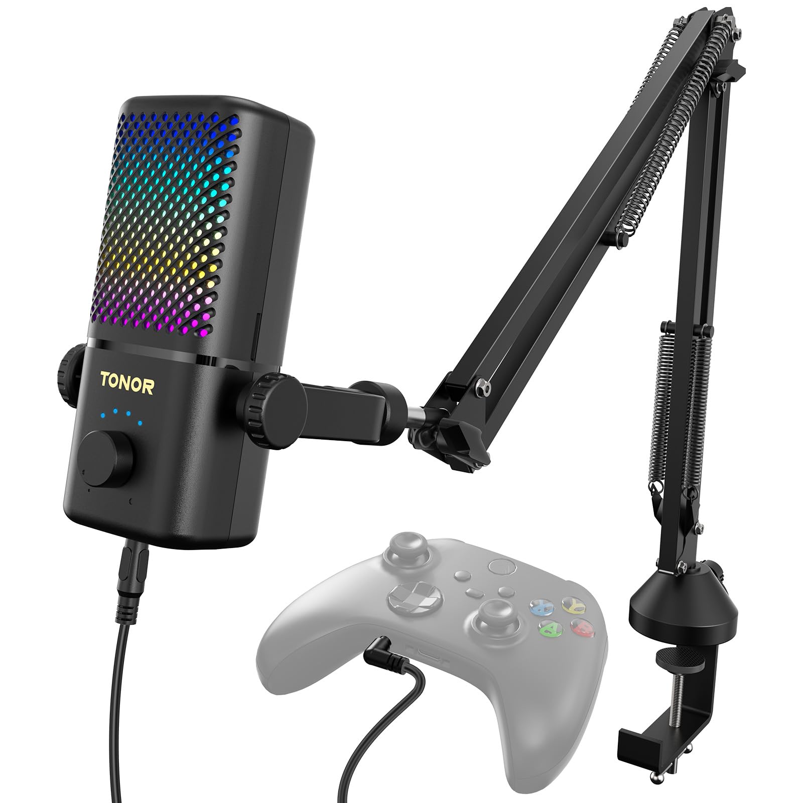 TONOR Gaming Mic Compatible with Xbox, RGB Streaming Boom Mic with 30H Battery Life, Low Noise, Monitoring, Gain Control, One Tap Mute, Fast Charging, Compatible with Capture Card TCX3+ Black