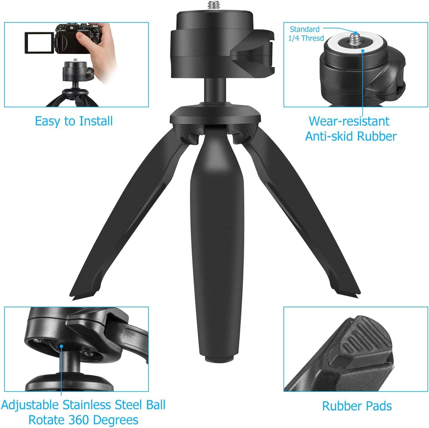 Heavy Duty Tripod, UBeesize Phone Camera Tabletop Mini Tripod Cell Phone Clip Holder, Compatible with iPhone, Smartphones, Gopro, Webcams, Compact Cameras DSLRs