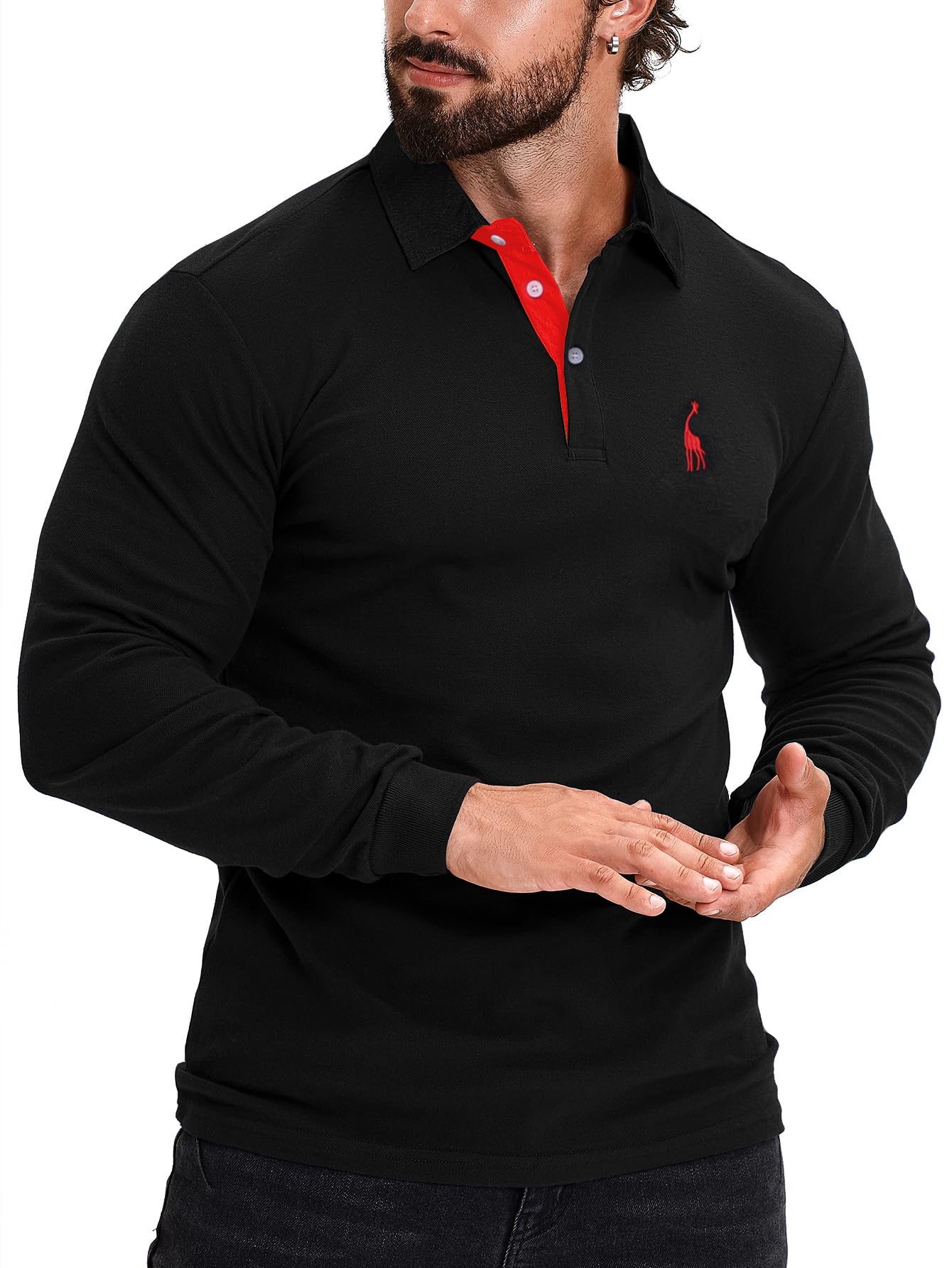 KUNJLELP 100% Cotone Polo da Uomo Manica Lunga Ricamo di Giraffa Maglietta Uniformi Polo da Lavoro per l'autunno e l'inverno