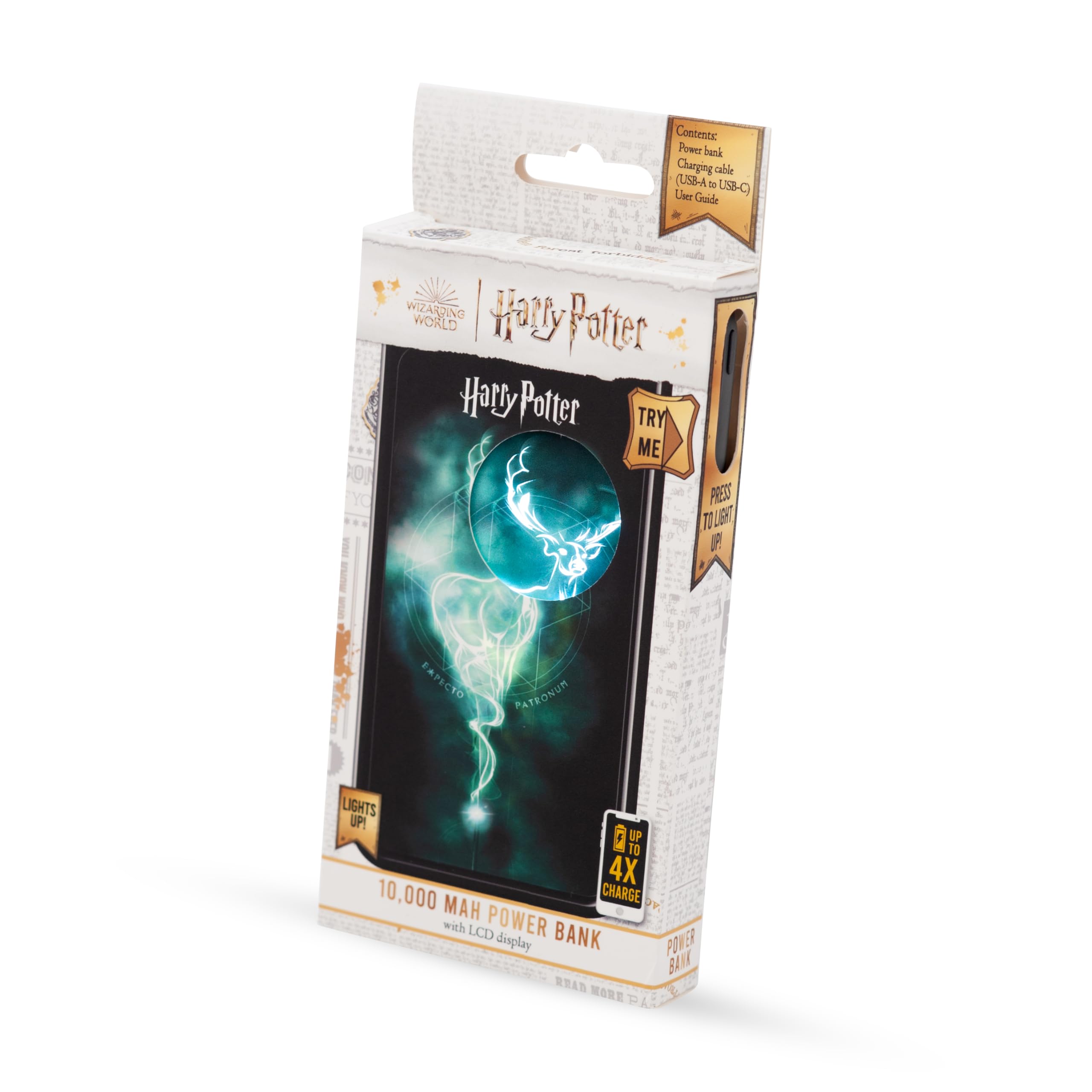 Harry Potter Batterie Externe Lumineuse de 10 000 mAh. Charge jusqu'à 2 téléphones à la Fois. Affichage LCD de l'indicateur d'alimentation. 4 Charges complètes de l'appareil en déplacement. 2 Sorties