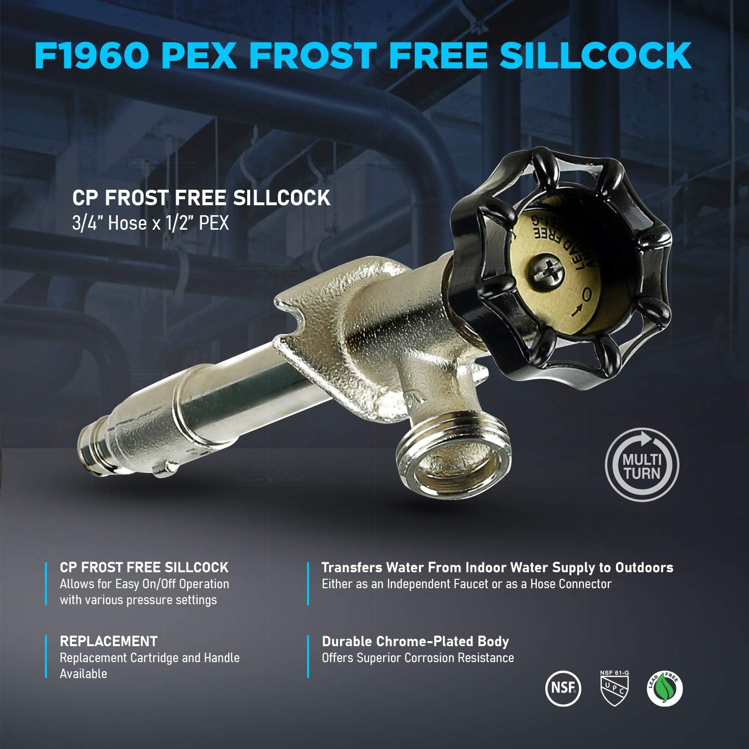 Midline Valve 6214G-OM-5 Anti-Siphon Sillcock Frost Free Outdoor Faucet; 1/2 in. PEX A x 3/4 in. Hose Bib, 14 in. Long (5 Pack)