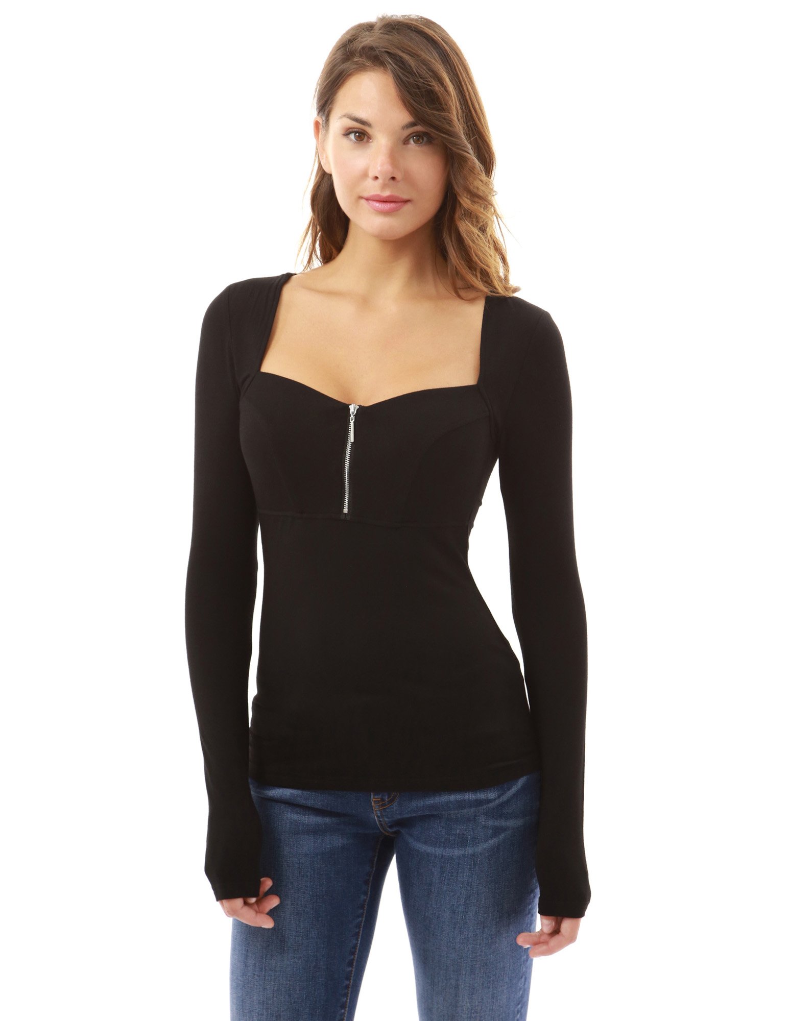 PattyBoutik Women's Square Neck Zip Front Empire Line Blouse