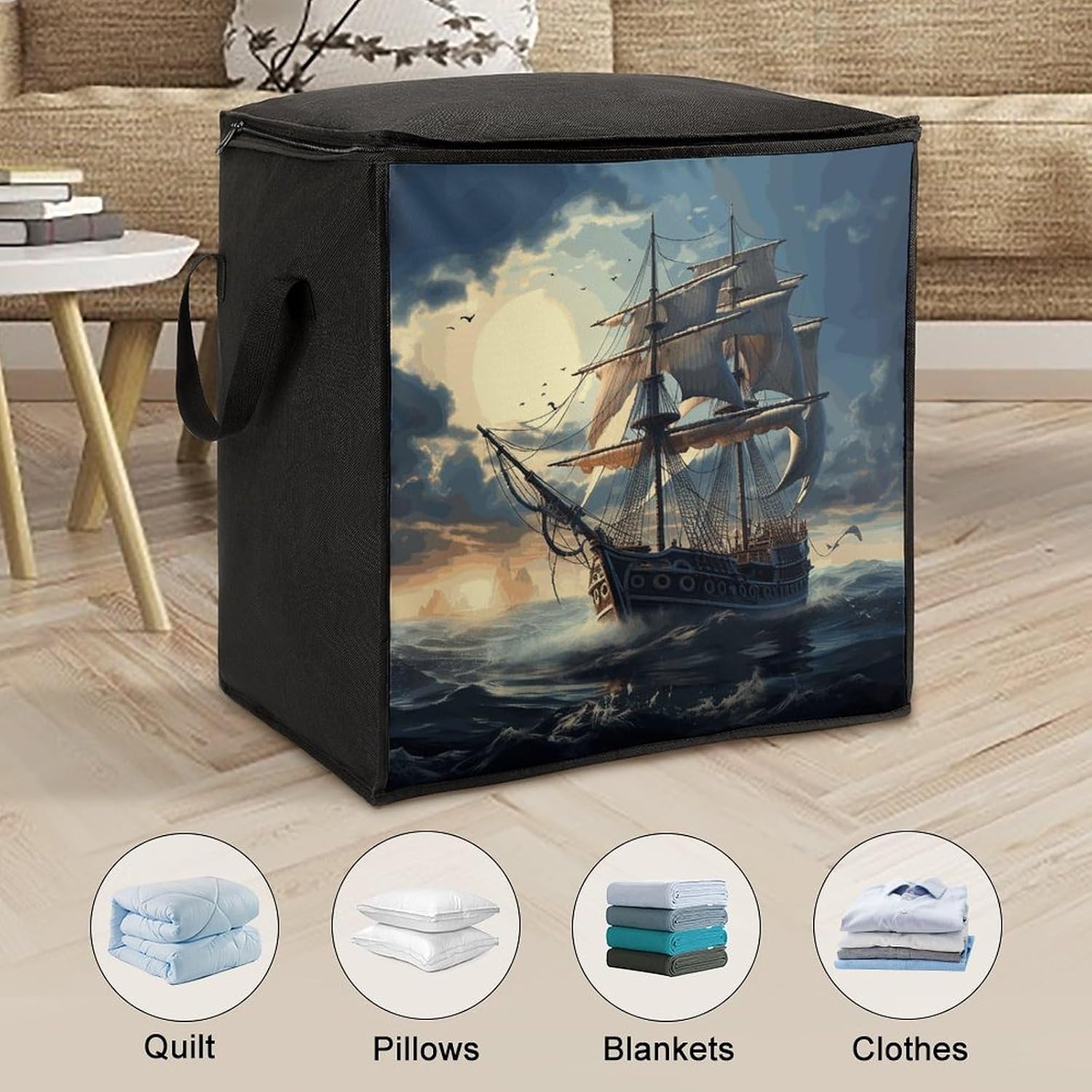 Clothes Storage Bag Personalized Durable Foldable Large Toy Storage Bags with Zipper Moving Bags Luggage Organizer Nautical Sailboat Printed Bags image 3