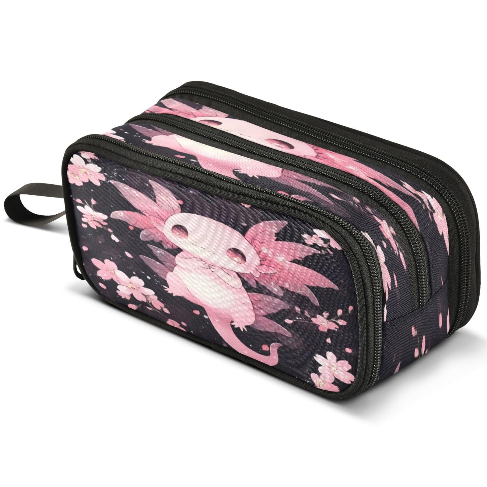 ALAZA Cute Axolotl Cherry Blossom Large Pencil Case, Pen Pouch Pencil Bag with 3 Compartments Pen Holder Organizer Stationery Bag