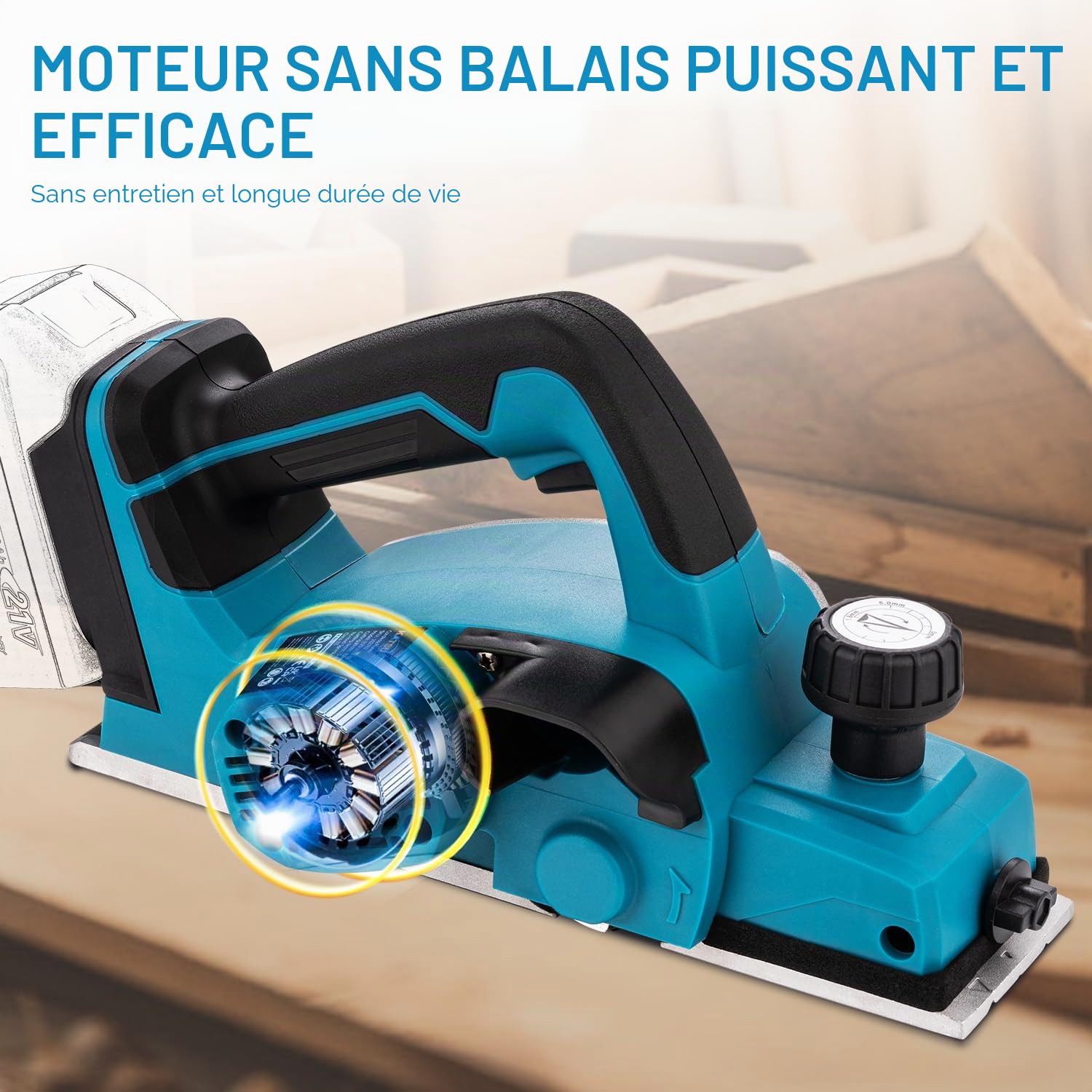 KATSU FIT-BAT Rabot Sans Fil 21V Brushless 82mm, Profondeur 2mm, Semelle Alu avec 3 Rainures en V, Lames Suppl., Sans Batterie ni Chargeur