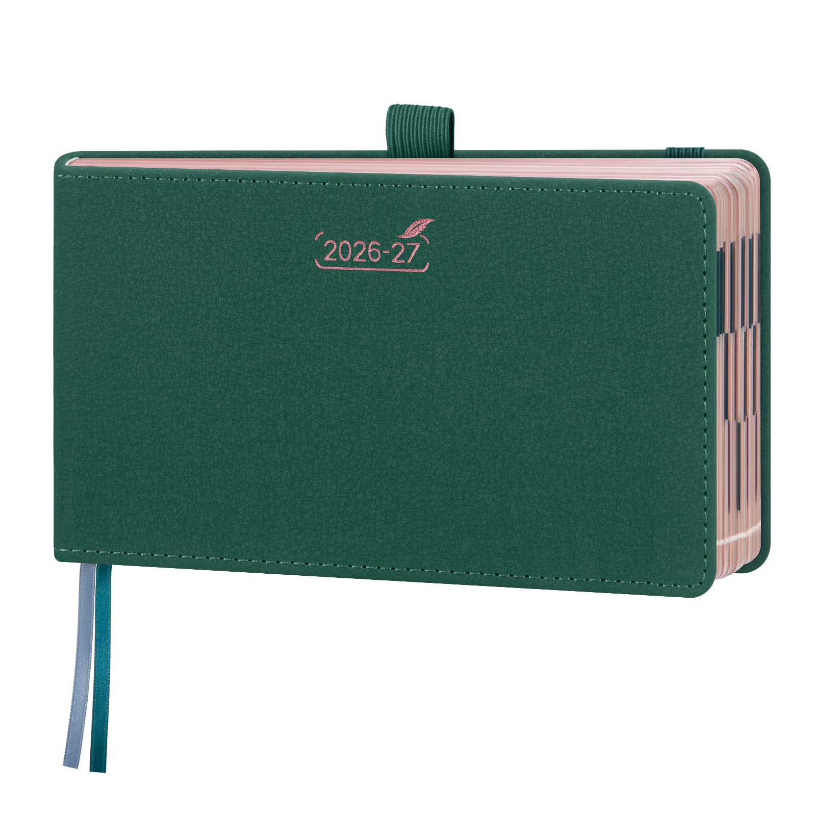 BEZEND Pocket Diary 2026-2027 Landscape Week to View (Jul 26-Dec 27) Slim 9.5 x 16.8 cm. Appointment Diary with Hourly Timeslots & Gilded Edges, Work Home Women, PU Leather Hardback, Evergreen