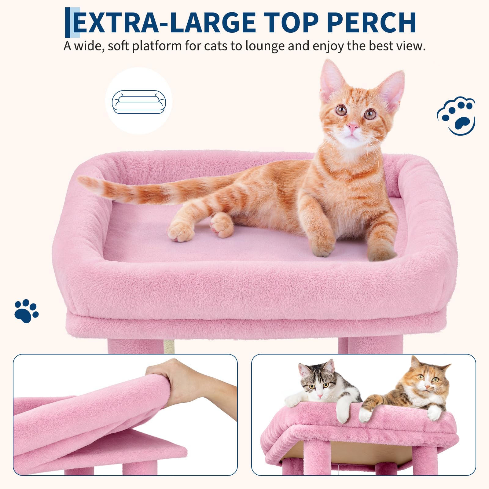 Garvee Arbre à Chat 157cm Stable pour Grands Chats et Maine Coon – Grand Plateforme, 2 Condos spacieux, poteaux à griffer en sisal Naturel, Jouets Suspendus, Multi-Niveaux pour Plusieurs Chats – Rose
