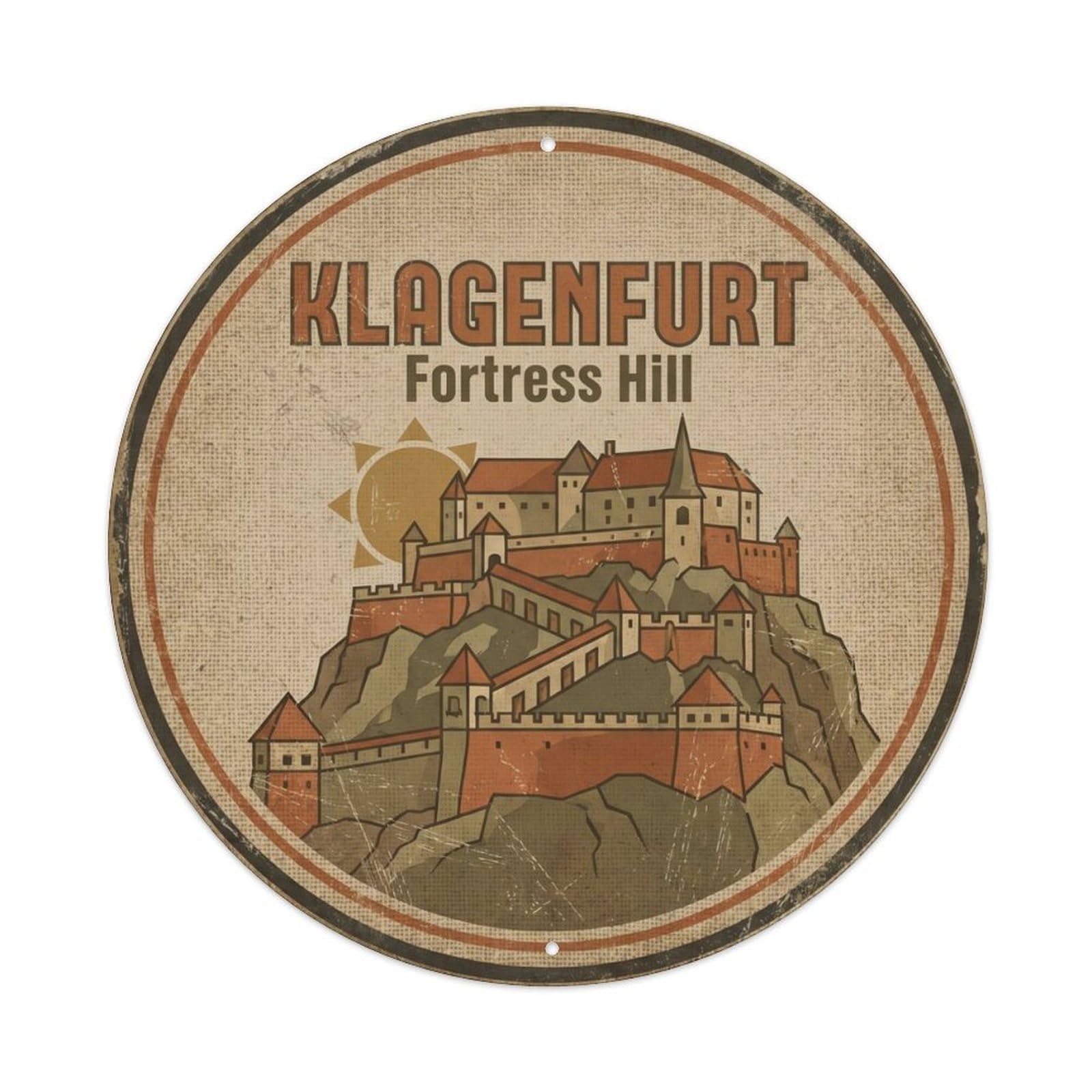 Fortress Hilltop Heritage Stronghold Metal Tin Sign Plaque Wall Decor for Cafe, Club Bar, Office, Home Garden Round Metal Poster 8x8Inch