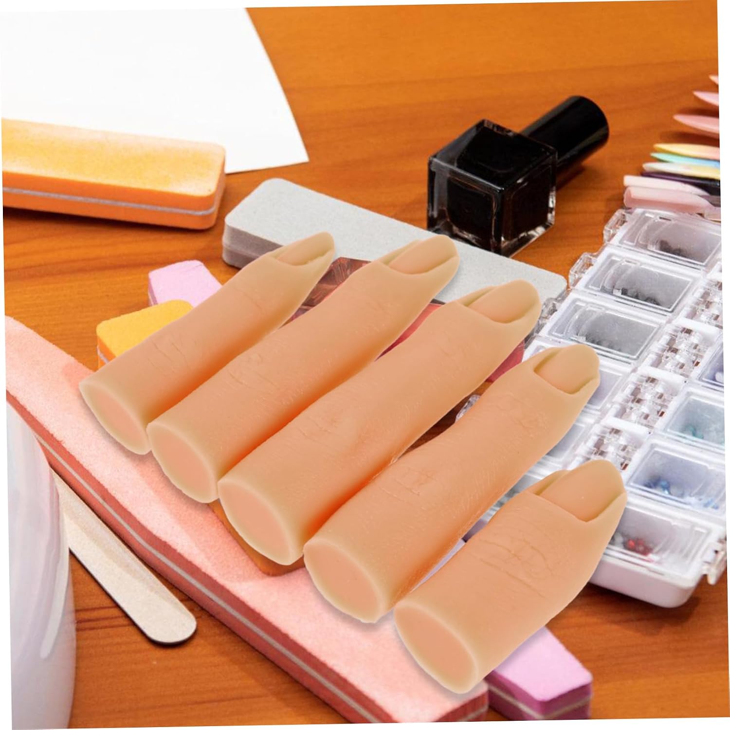 WOONEKY Silicone Practice Hand Model for Nail Art 5 Pcs Non-Flexible Fake Fingers Insertable Nail Tips for Manicure Training and Display