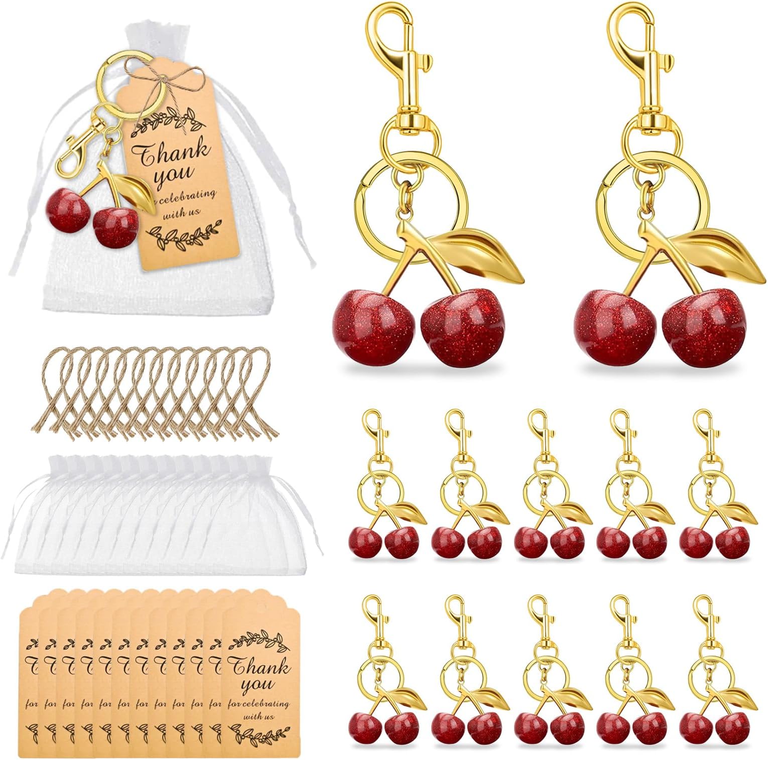 48PCS Cherry Keychain Party Favors Red Cherry Keychains Bulk Charm Accessories for Women Purse Cherries Keyring Wedding Birthday Gift with Thank You Cards and Organza Bags