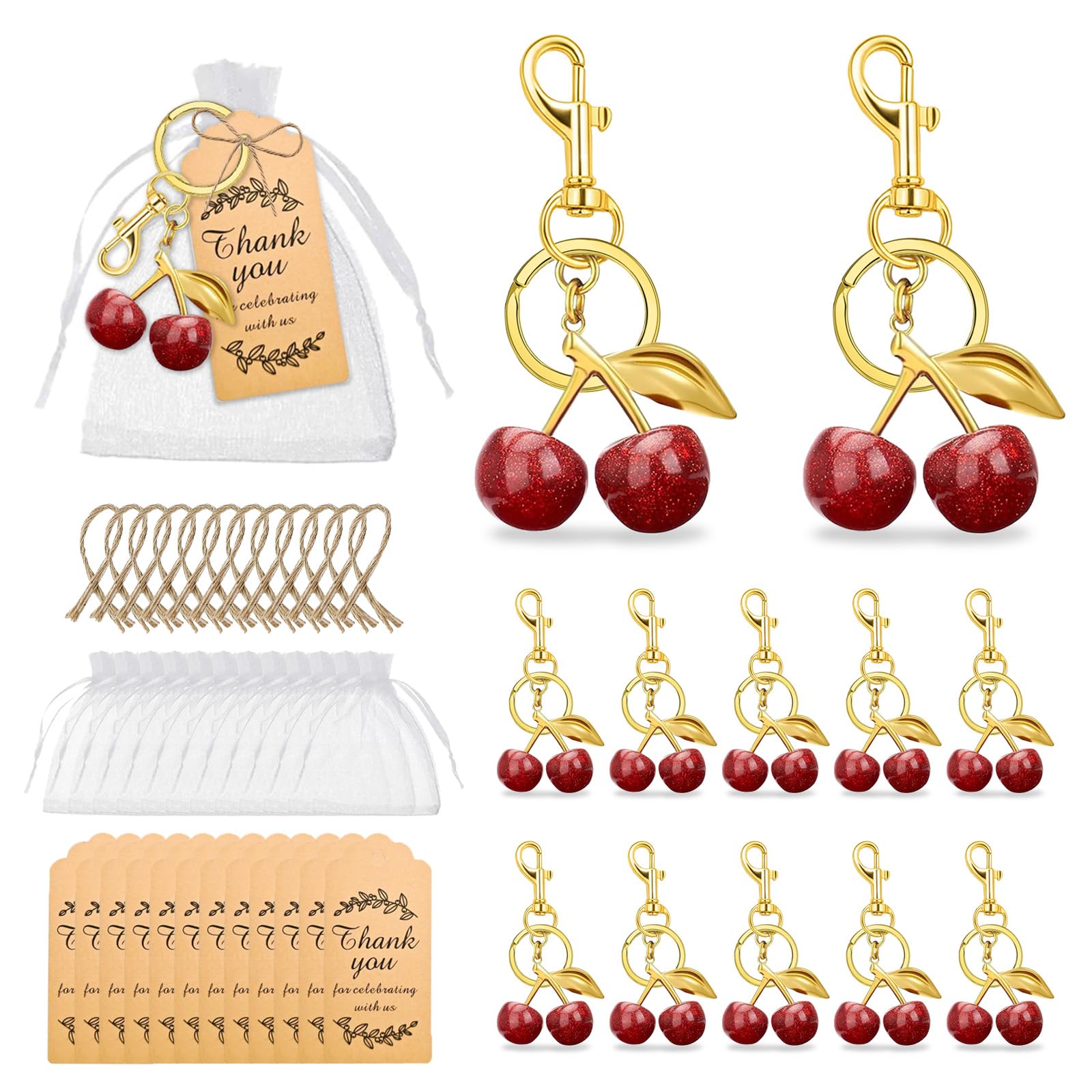 12 Set Cherry Keychain Party Favors Red Cherry Keychains Bulk Charm Accessories for Women Purse Cherries Keyring Wedding Birthday Gift with Thank You Cards and Organza Bags