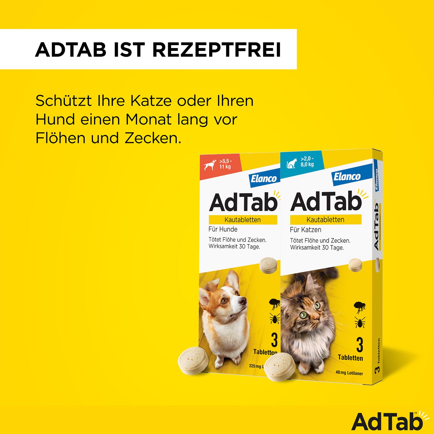AdTab Kombi-Set: Zecken- & Flohschutz für eine Katze mit >2-8 kg und einen Hund mit >5,5-11, 2 Packungen mit je 3 Kautabletten, einfach zu verabreichen & schmackhaft