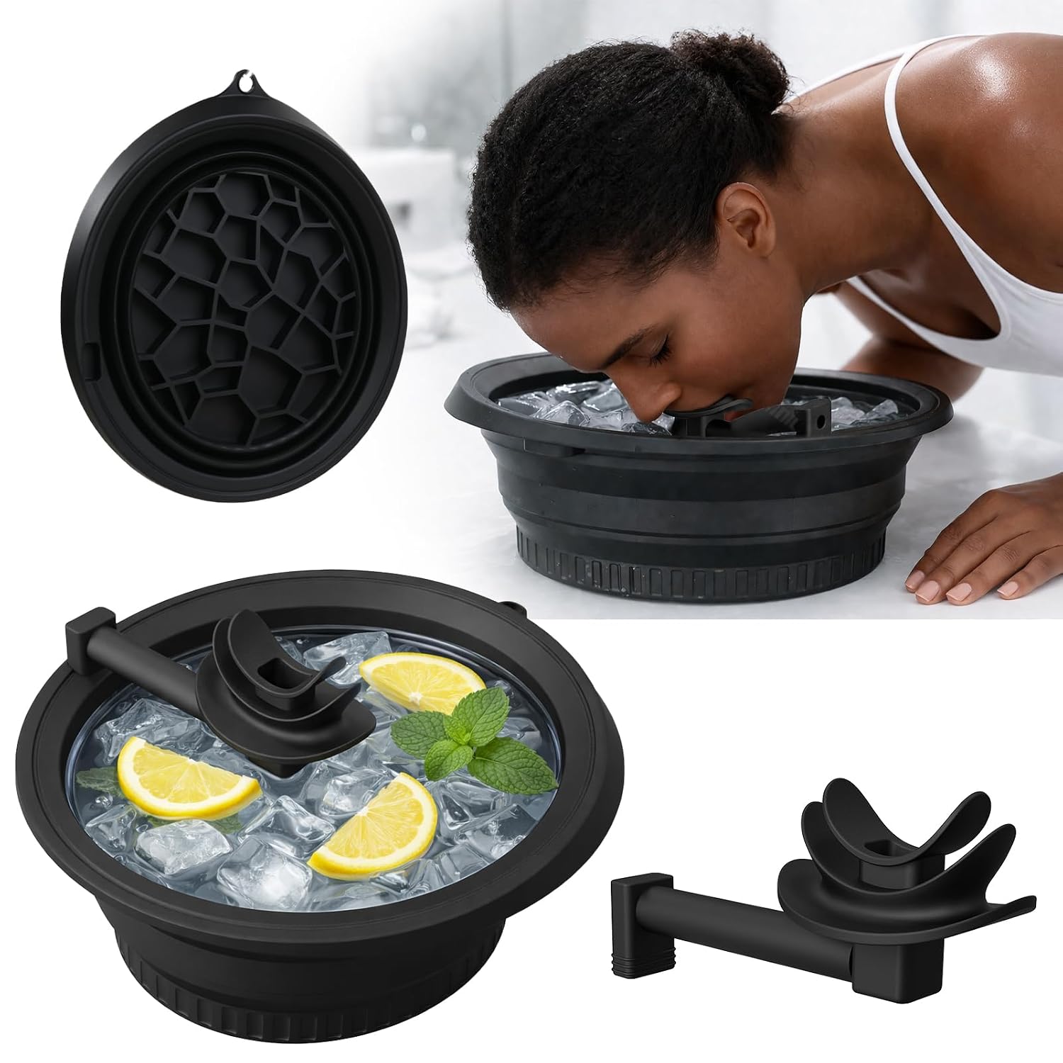 Portable Silicone Face Bowl for Ice Therapy - Black