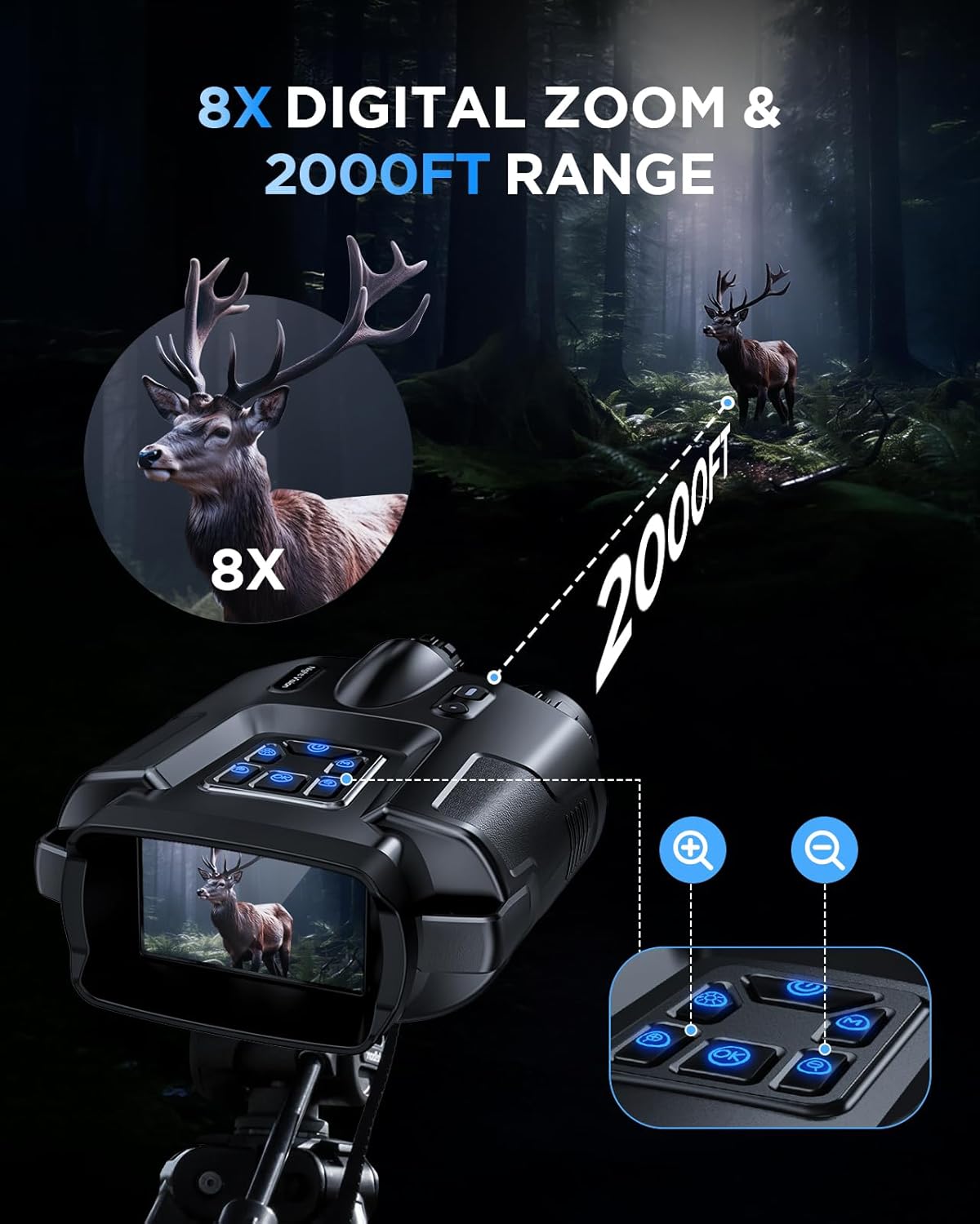 4K Night Vision Binoculars–8X Zoom/2000FT IR/5000mAh, 3'' HD Screen Night Vision Goggles for Adults mit 64GB TF Card, IP65 Waterproof & Tactical Light for Hunting,Camping & Security
