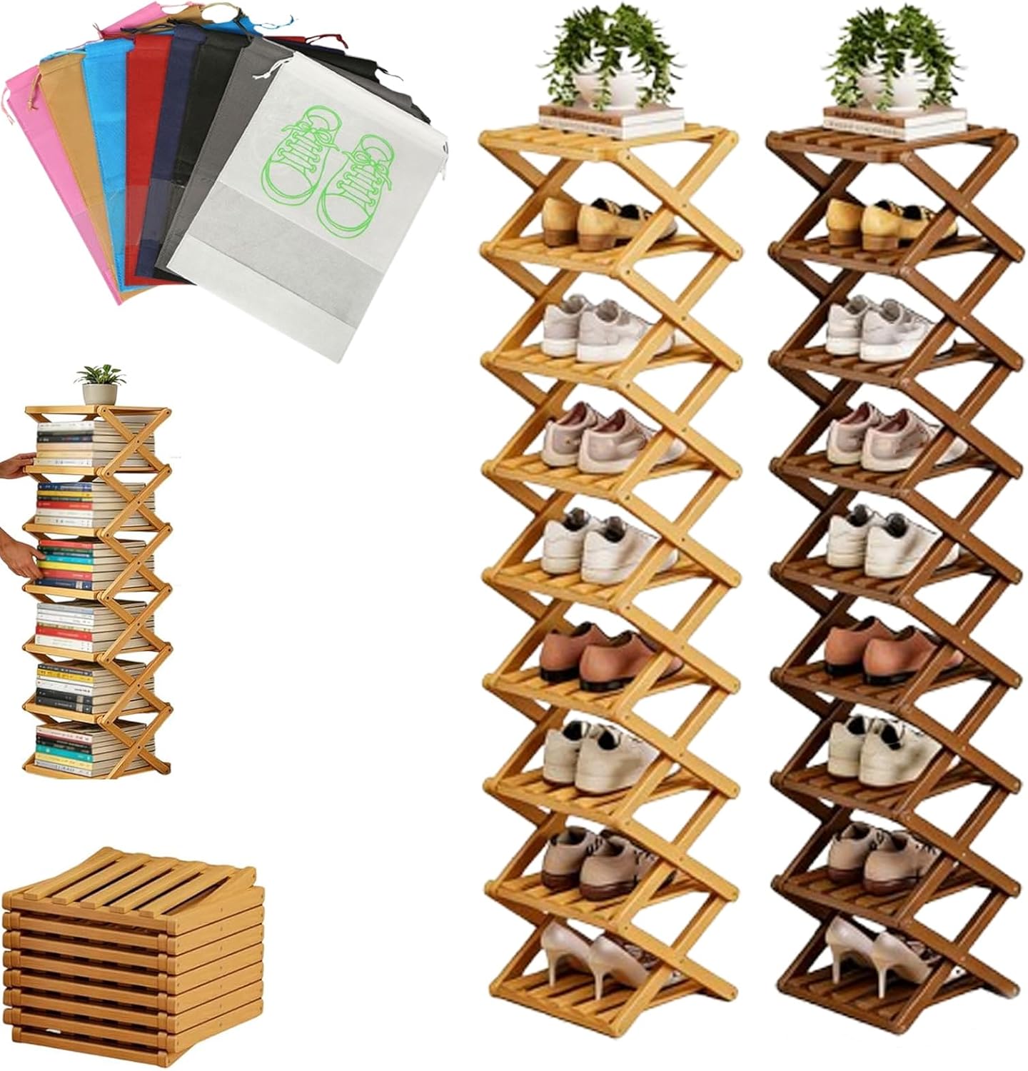 Bamboo Rack for Shoes, The 9-Tier No-Assembly Bamboo Rack, Foldable Space-Saving Organizer with Shoe Storage Bag, Holds 10+ Pairs, for Entryway Closet Dorm (2pcs Brown)