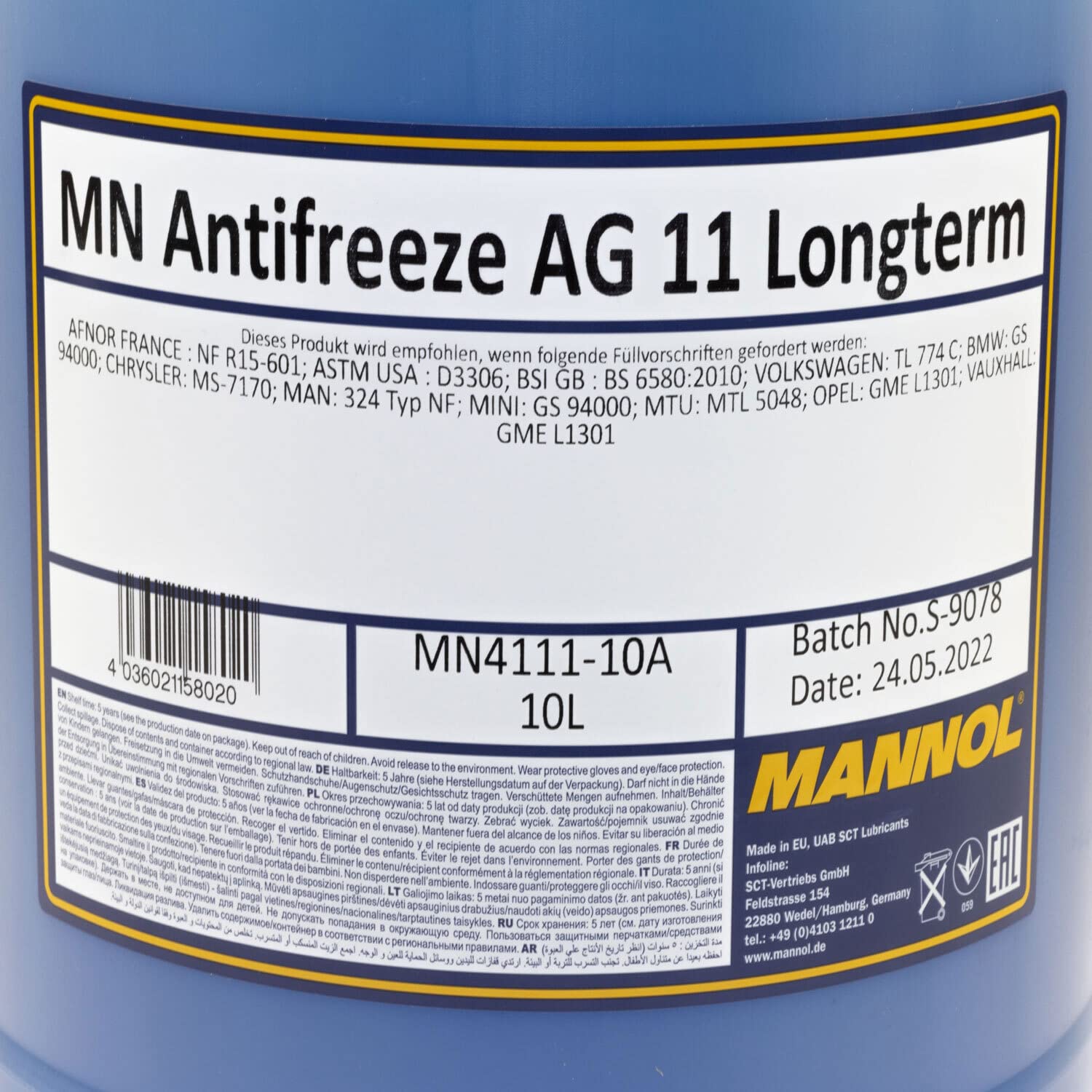 Kühlerfrostschutz Konzentrat MANNOL AG11 Longterm -40°C 10 Liter blau mit Ausgießer