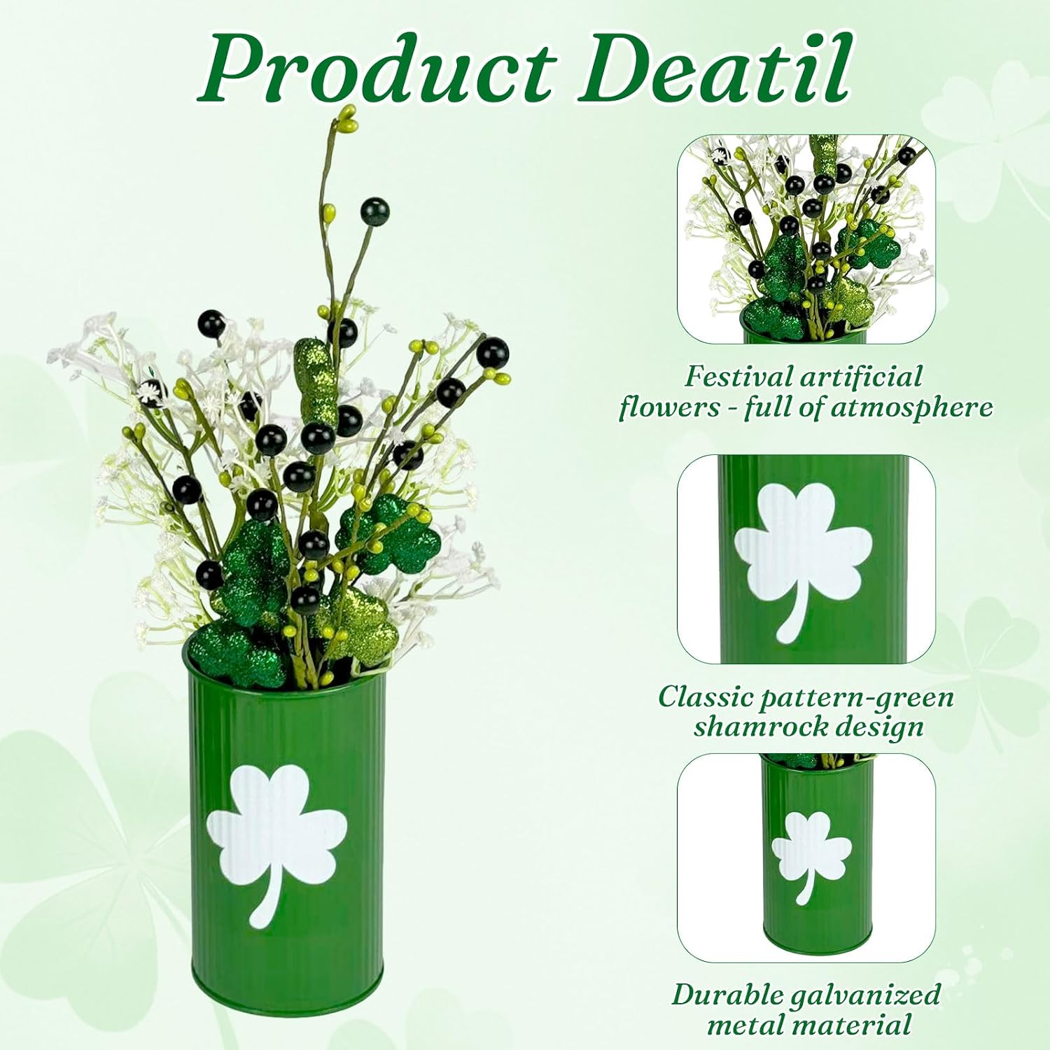Cinrobiye 3 Set St Patrick’s Day Farmhouse Vase Decor with Artificial Shamrock Picks Flowers Green Berry Stems Lucky Clover Floral Branches Gifts,Table Centerpiece Decoration for Irish Party Home