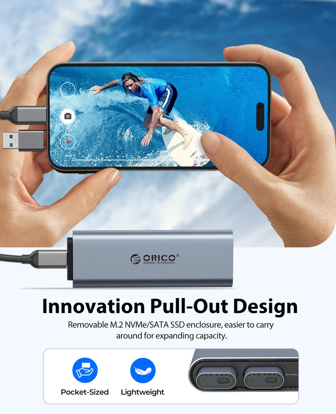 ORICO Stacja dokująca USB-C 10 w 1 z podwójną obudową M.2 NVMe/SATA SSD, 10 Gbps USB, Dual HDMI 4K 60 Hz, 60 W PD, RJ45 - do MacBook Pro/Air (PTM2)