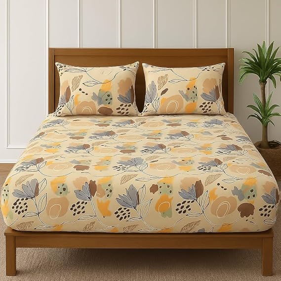 BSB HOME Cloud Cotton Full Elastic Fitted Bedsheets for Double King Size Bed with 2 Pillow Covers 220 TC Supersoft |Wrinkel Free Bed Cover Size - 72x78+10 inches, Grey and Blue