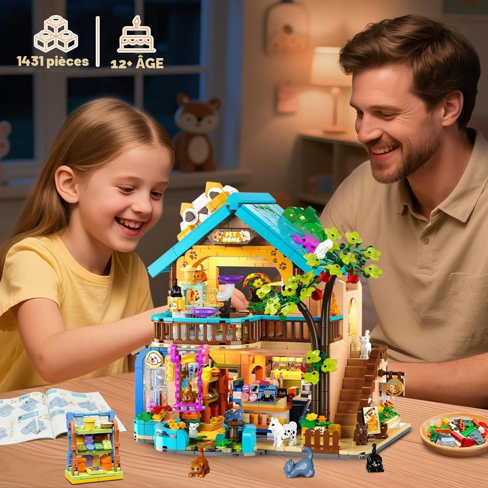 INSOON Animalerie de Ville avec Lumière pour Adultes et Enfants dès 8 Ans | Animalerie avec chats, chiens et lapins, bâtiment urbain à construire, modèle décoratif et cadeau pour enfants, 1431 pièces