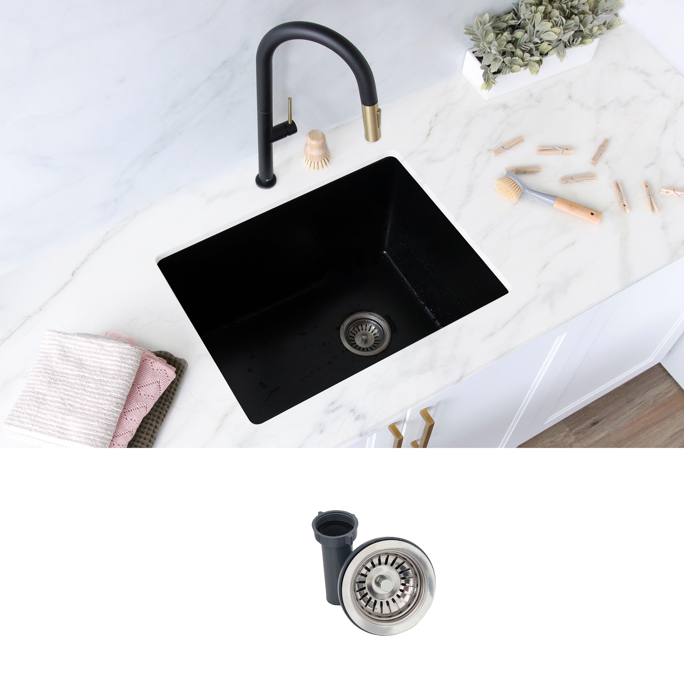 Stylish 25 x 18 Inch Laundry Sink Single Bowl 12 Inch Deep 15 mm Radius Cornes Granite Drop In or Undermount Sink with Regular Strainer Black, S-825N