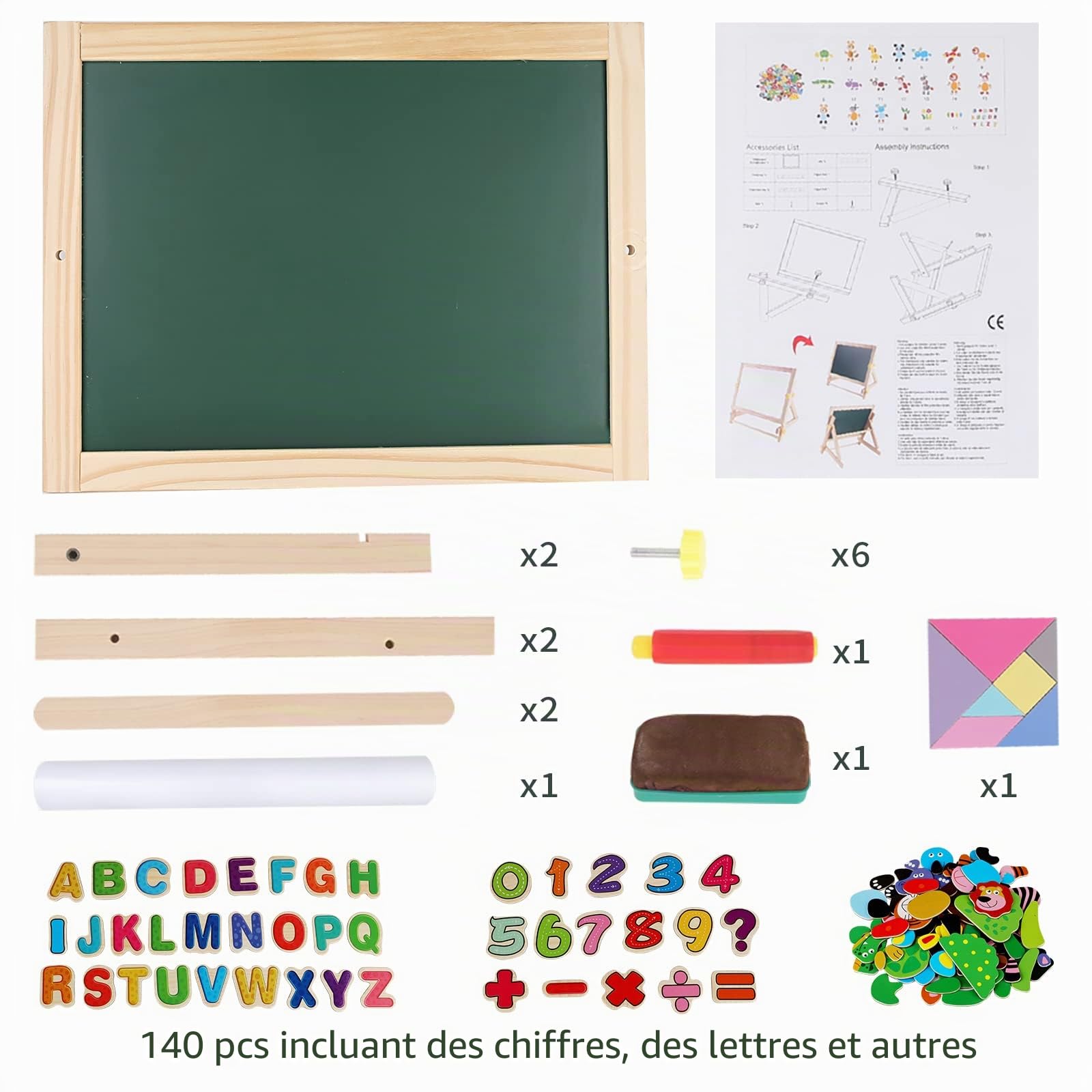 kramow Tableau Chevalet Enfant, 3 en 1 Double Face Magnétique Tableau Noir et Blanc avec Accessoires Alphabet Puzzle, Activités d'apprentissage, Jouet Educatif pour Enfants de 3-8 ans