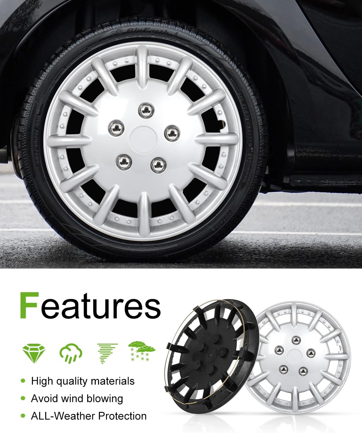 SCITOO Silver Hubcaps, 14" Set of 4pcs, Easy to Install, Elegant Addition to Cars, Trucks, SUVs, Rust-Free